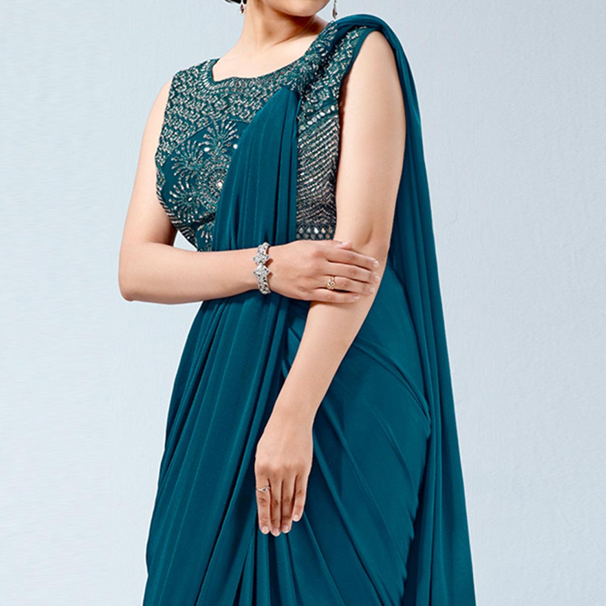 Teal Blue Partywear Frill & Sequence Art Silk Saree - Peachmode