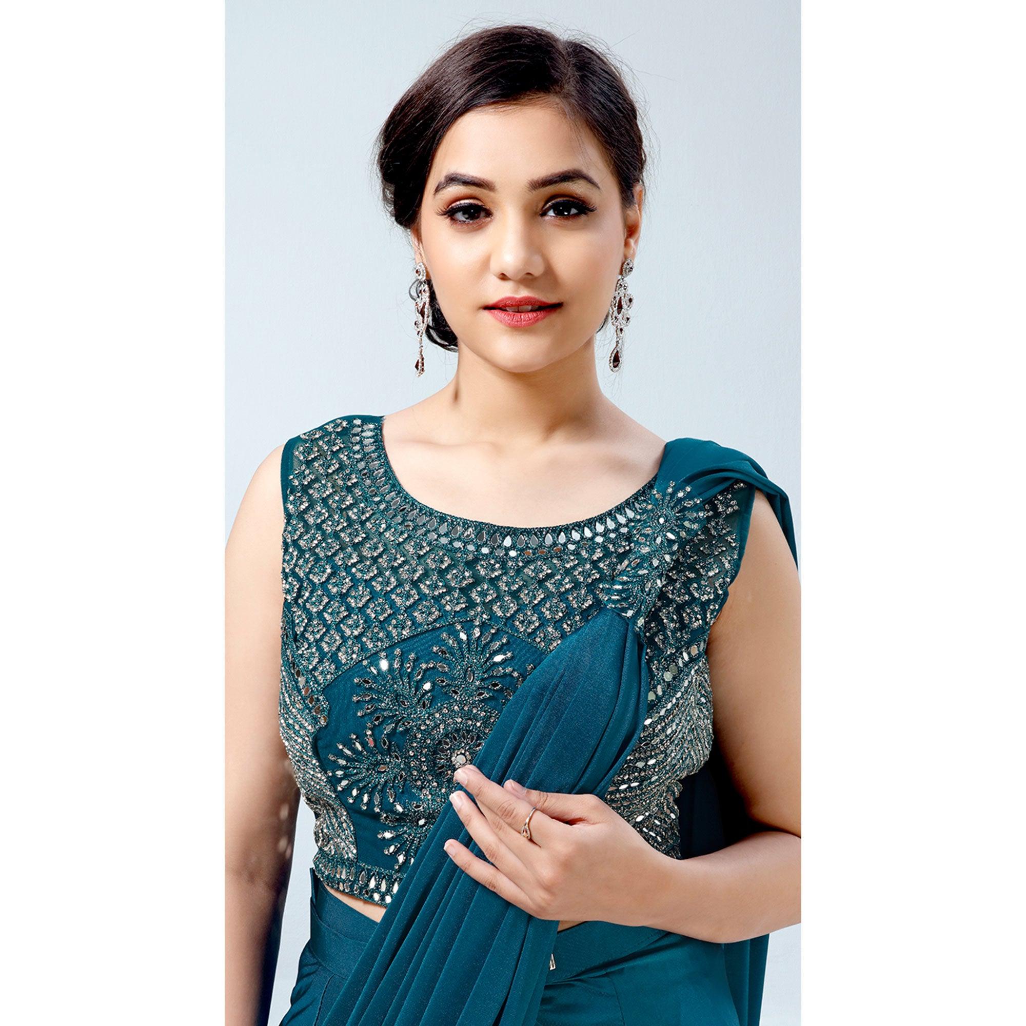 Teal Blue Partywear Frill & Sequence Art Silk Saree - Peachmode