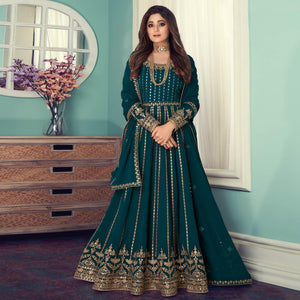 Teal Blue Partywear Heavy Embroidered Georgette Anarkali Suit - Peachmode