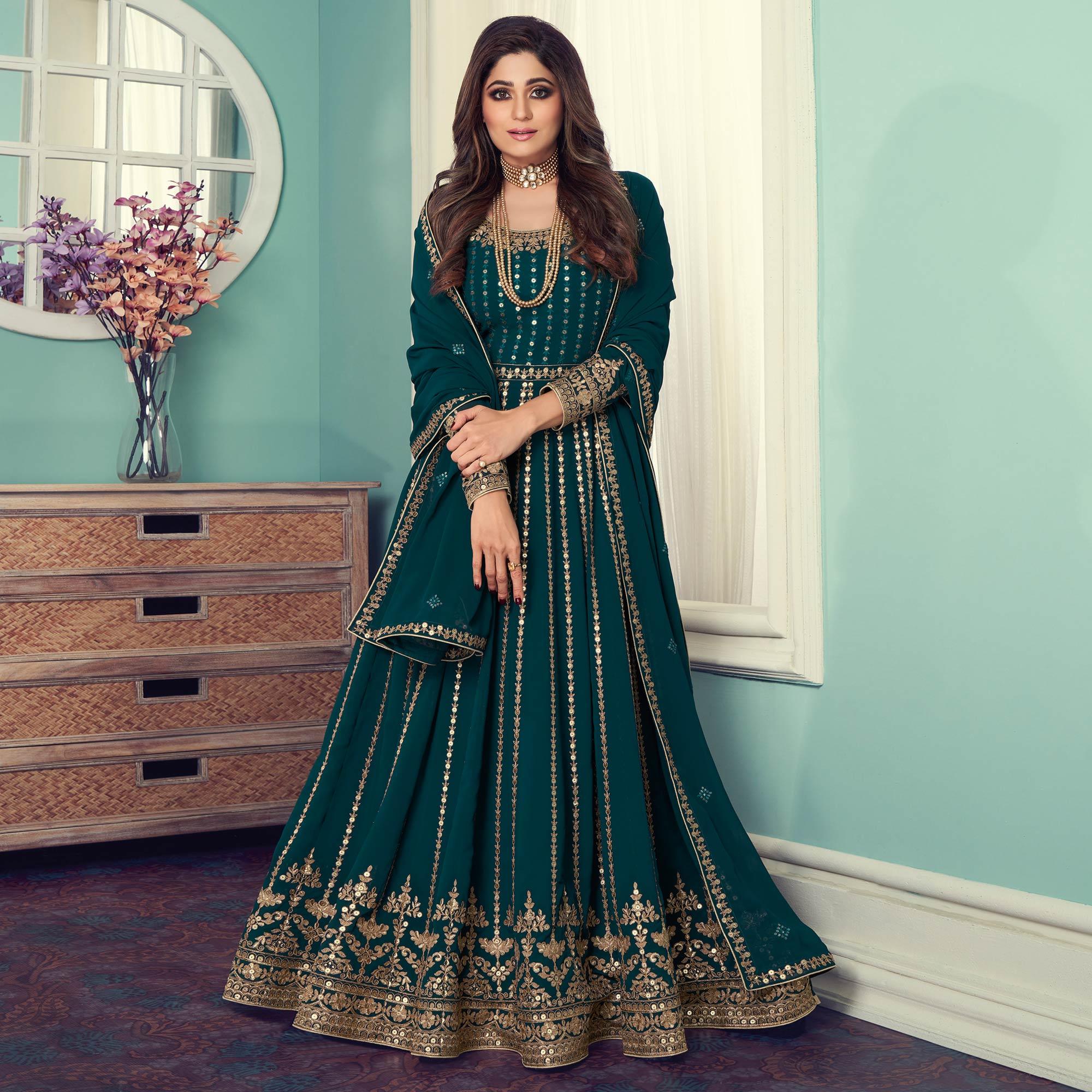 Teal Blue Partywear Heavy Embroidered Georgette Anarkali Suit - Peachmode