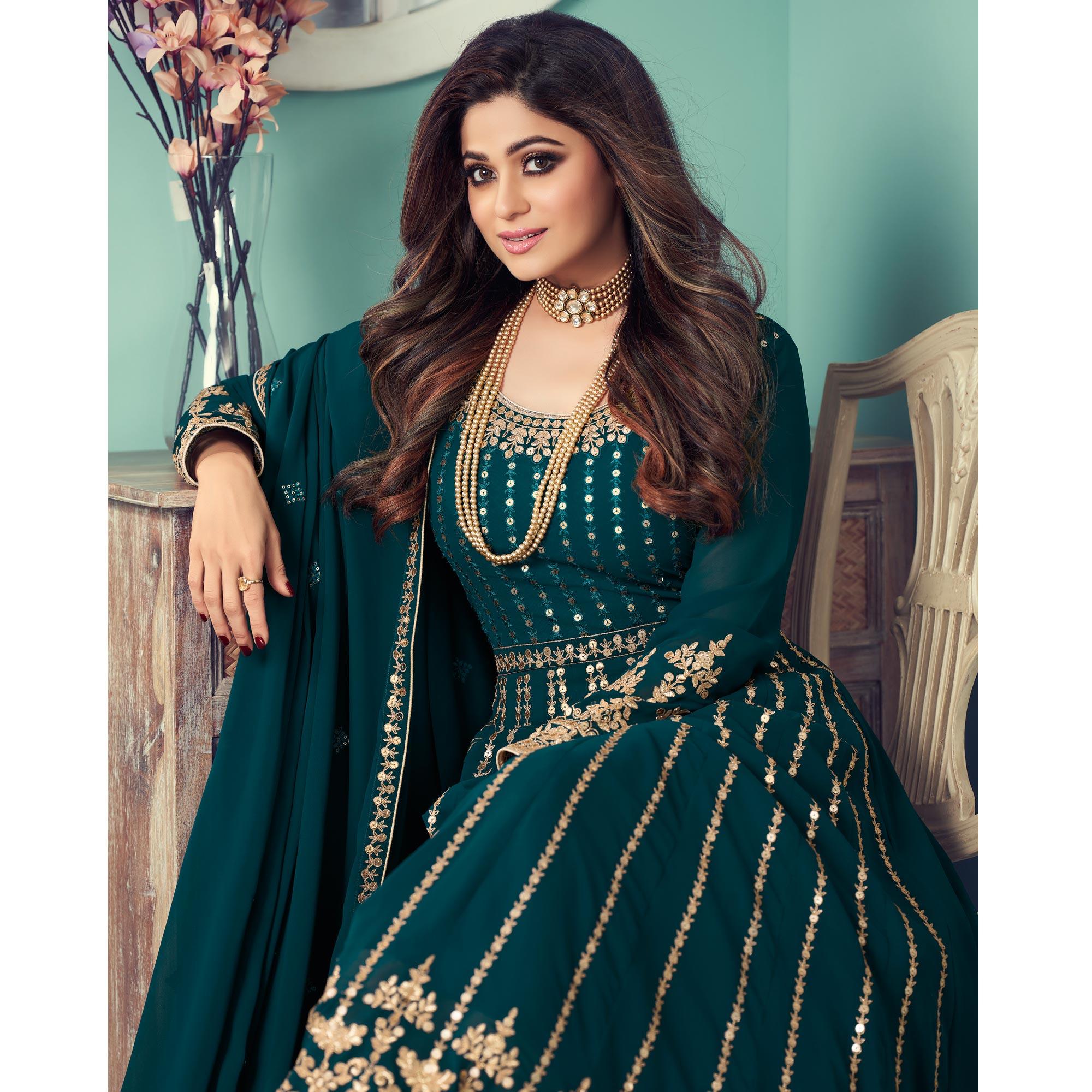 Teal Blue Partywear Heavy Embroidered Georgette Anarkali Suit - Peachmode