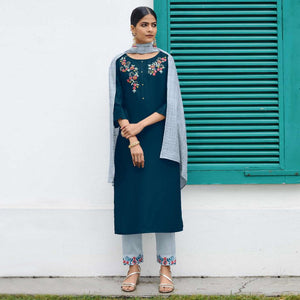 Teal Blue Partywear Heavy Hand Work Bember Silk Suit - Peachmode