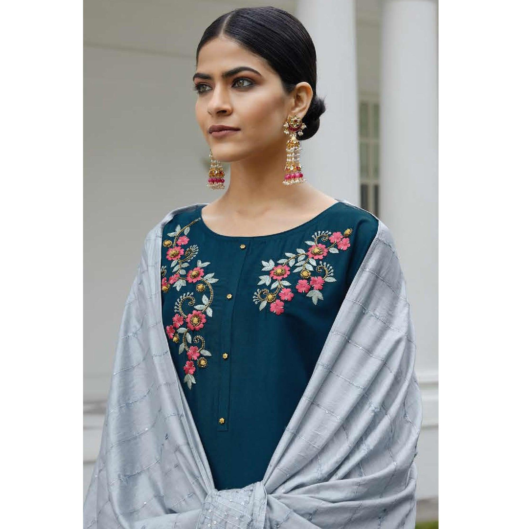 Teal Blue Partywear Heavy Hand Work Bember Silk Suit - Peachmode