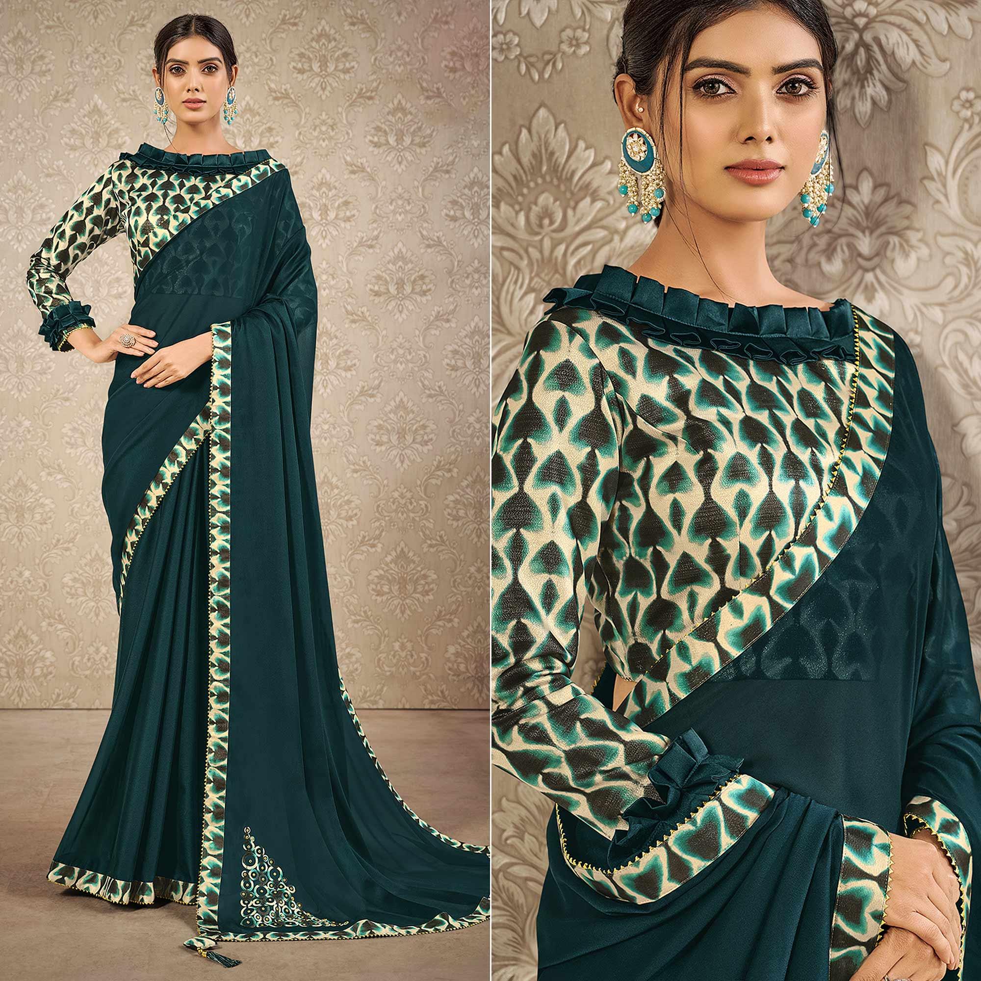 Teal Blue Partywear Printed Georgette Saree - Peachmode