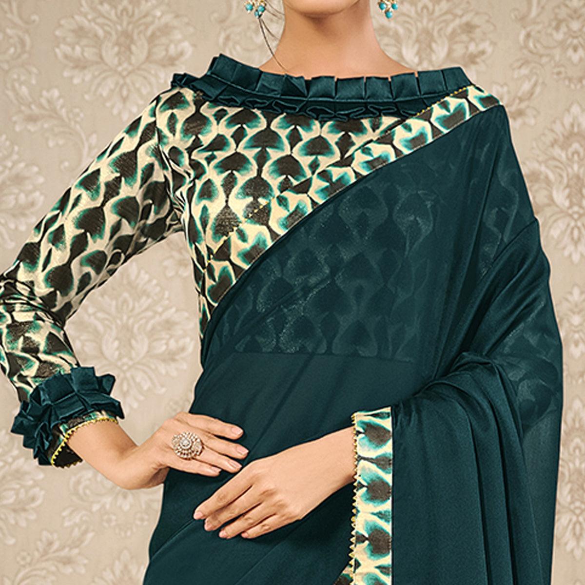 Teal Blue Partywear Printed Georgette Saree - Peachmode