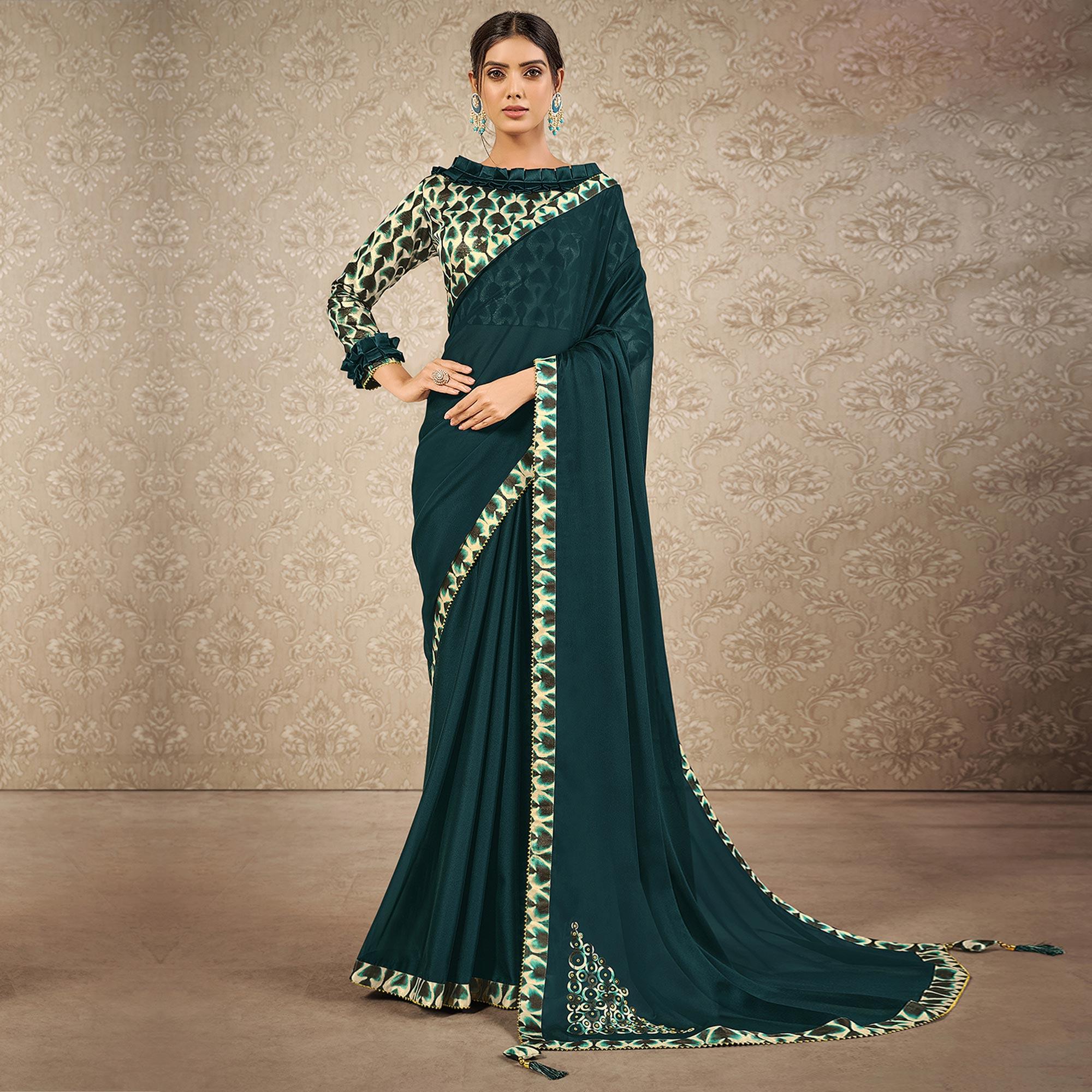 Teal Blue Partywear Printed Georgette Saree - Peachmode