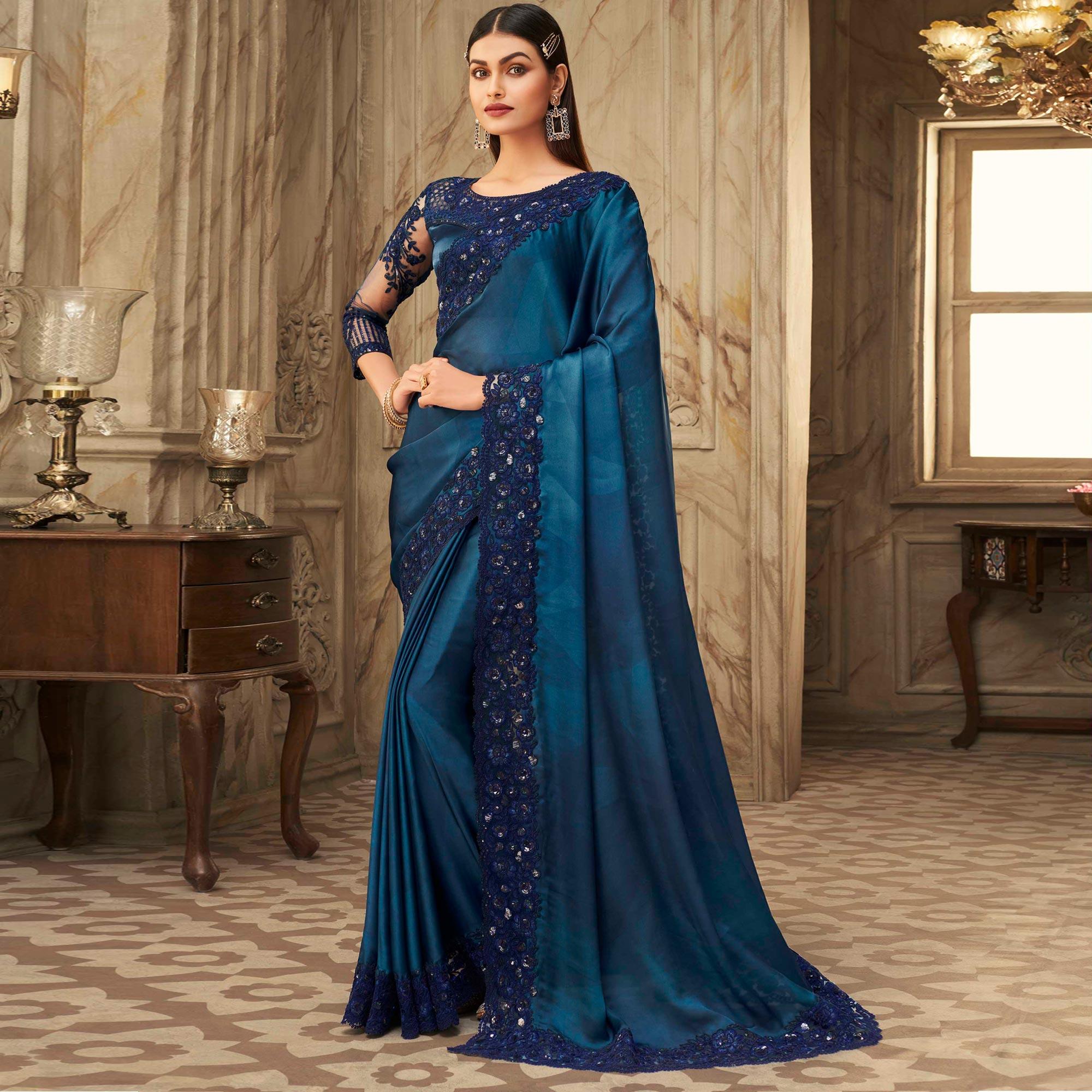 Teal Blue Partywear Sequence Embroidered  Silk Saree - Peachmode