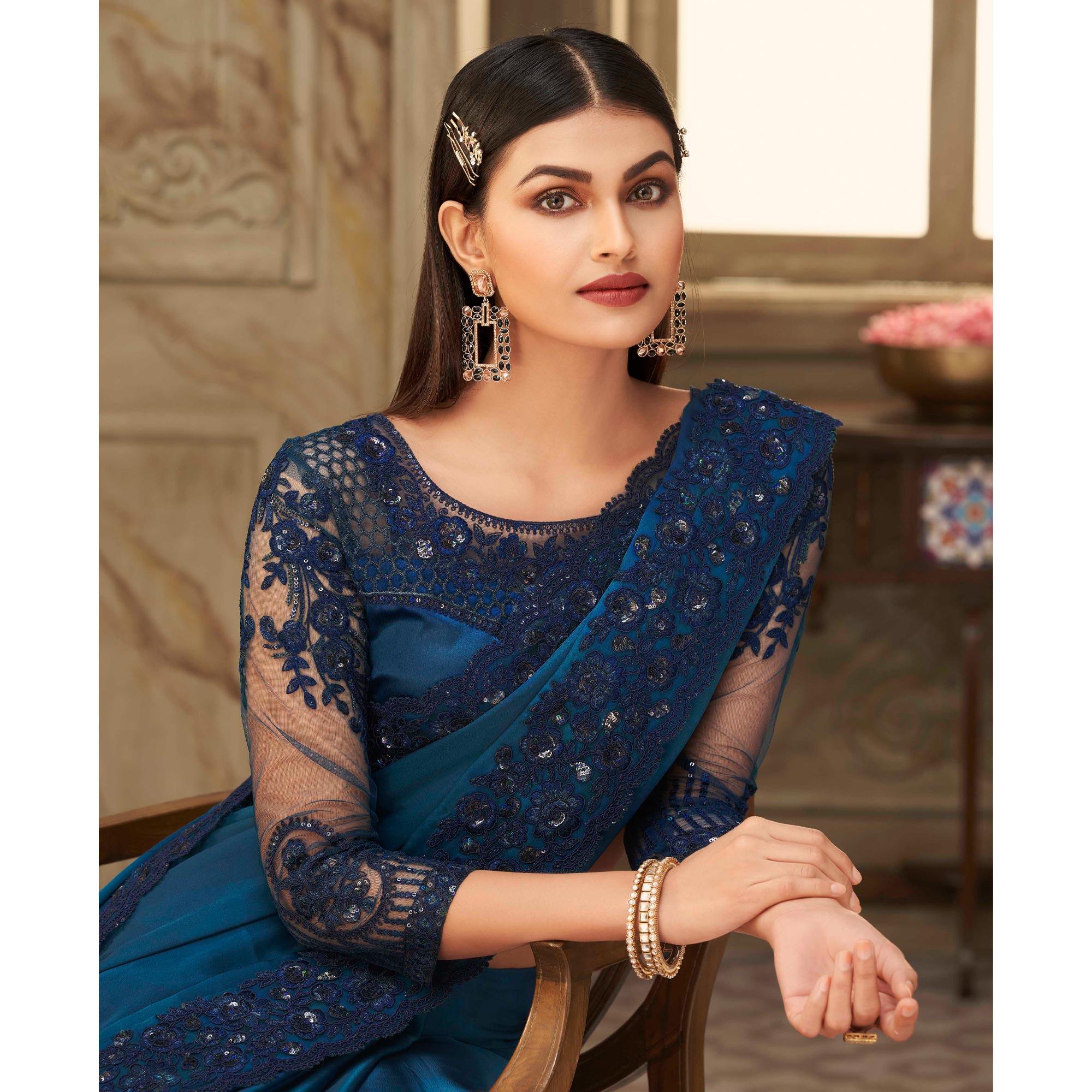 Teal Blue Partywear Sequence Embroidered  Silk Saree - Peachmode