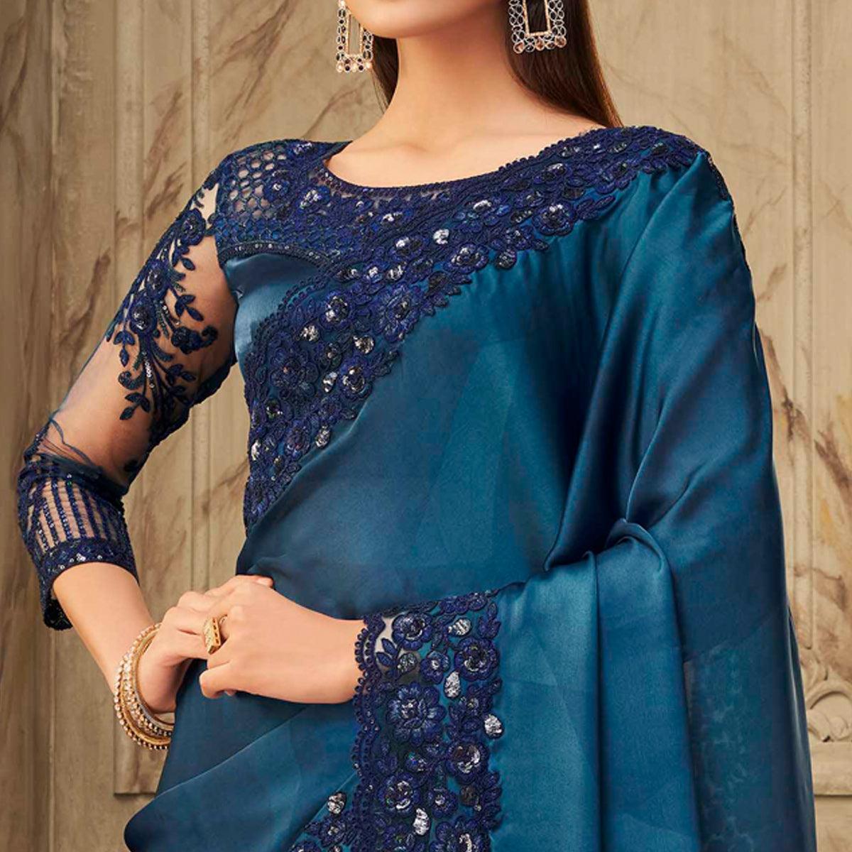 Teal Blue Partywear Sequence Embroidered  Silk Saree - Peachmode