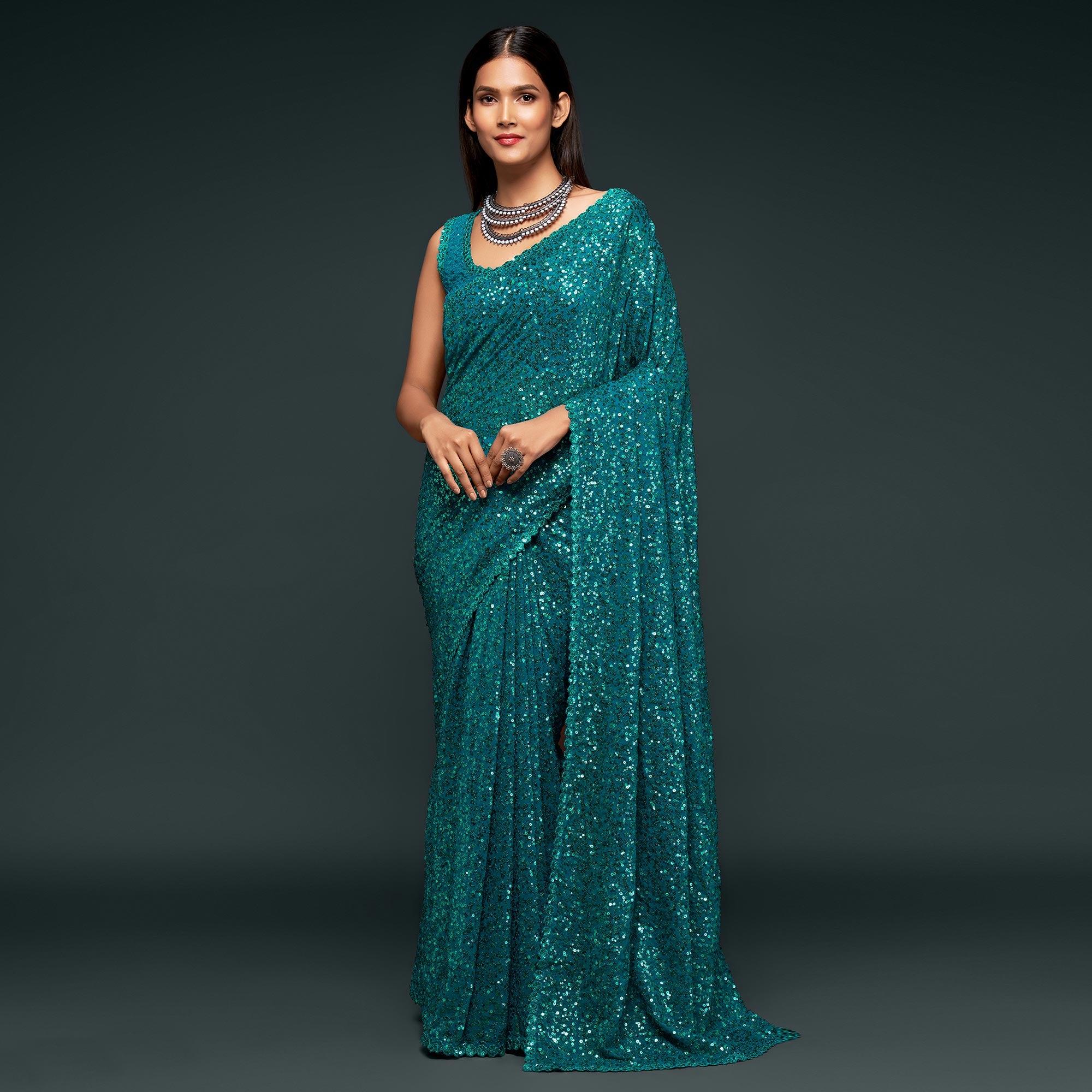 Teal Blue Partywear Thread & Sequins Embroidered Georgette Saree - Peachmode