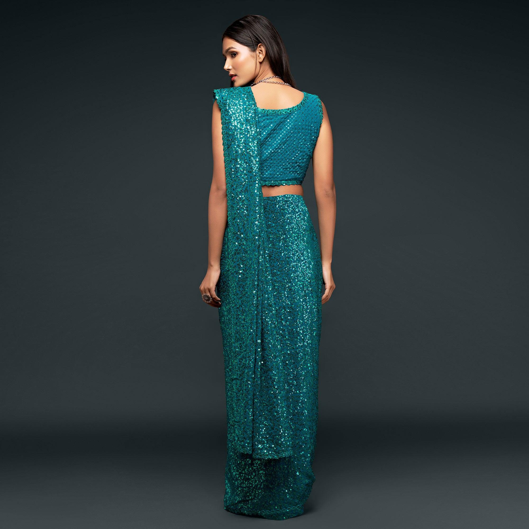 Teal Blue Partywear Thread & Sequins Embroidered Georgette Saree - Peachmode