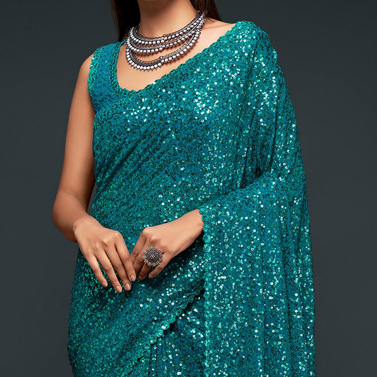 Teal Blue Partywear Thread & Sequins Embroidered Georgette Saree - Peachmode