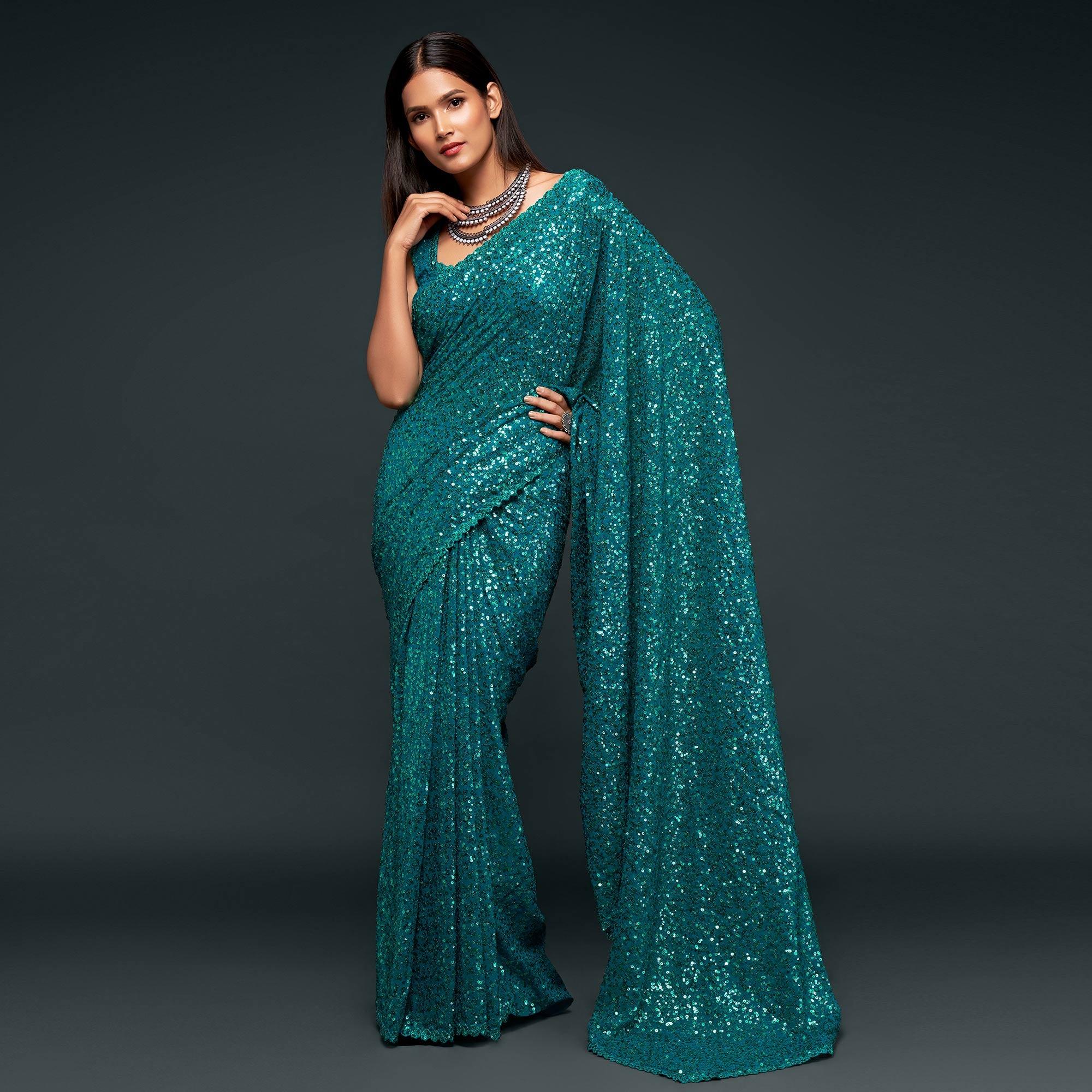 Teal Blue Partywear Thread & Sequins Embroidered Georgette Saree - Peachmode