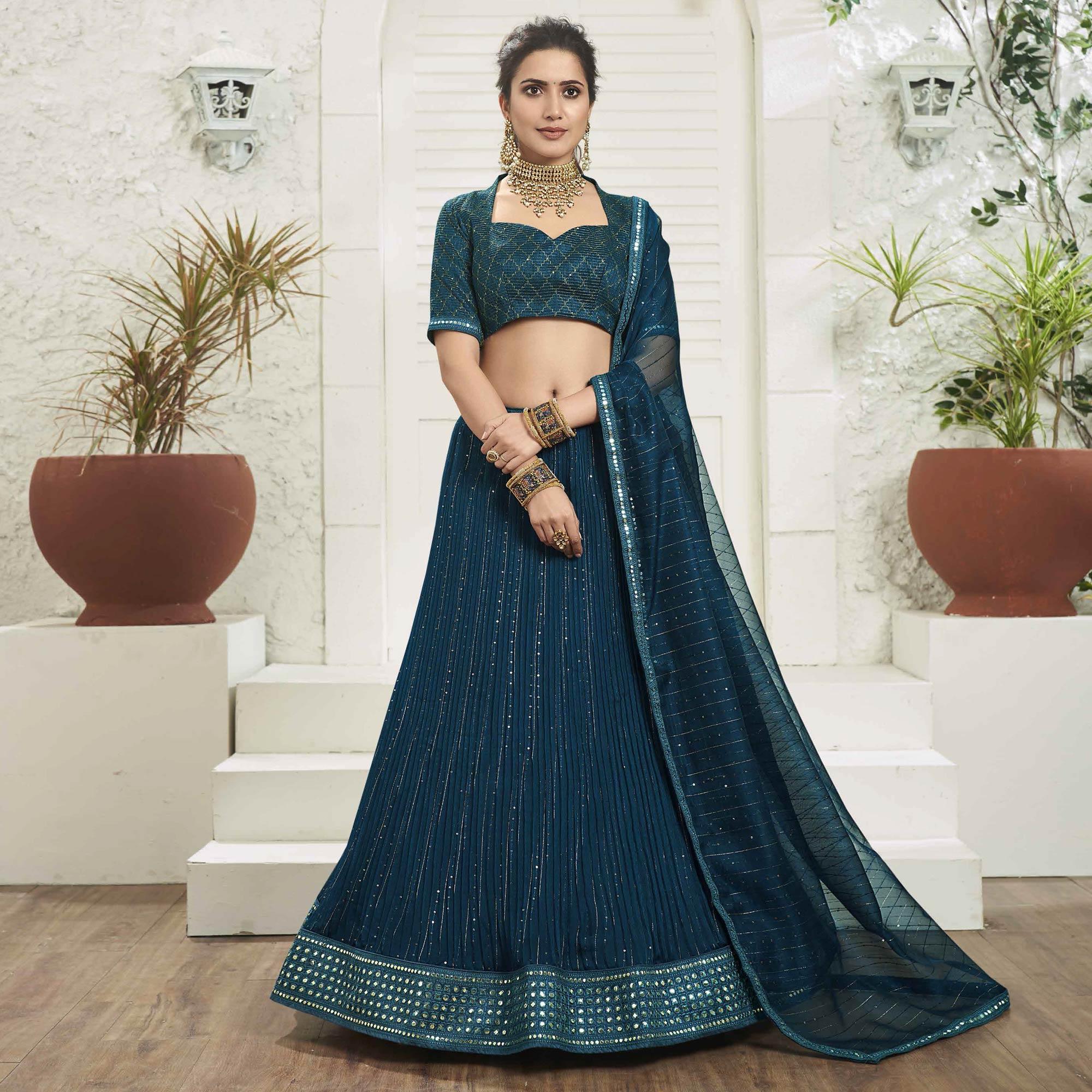 Teal Blue Partywear Zari Sequence Embroidered Organza Lehenga Choli - Peachmode
