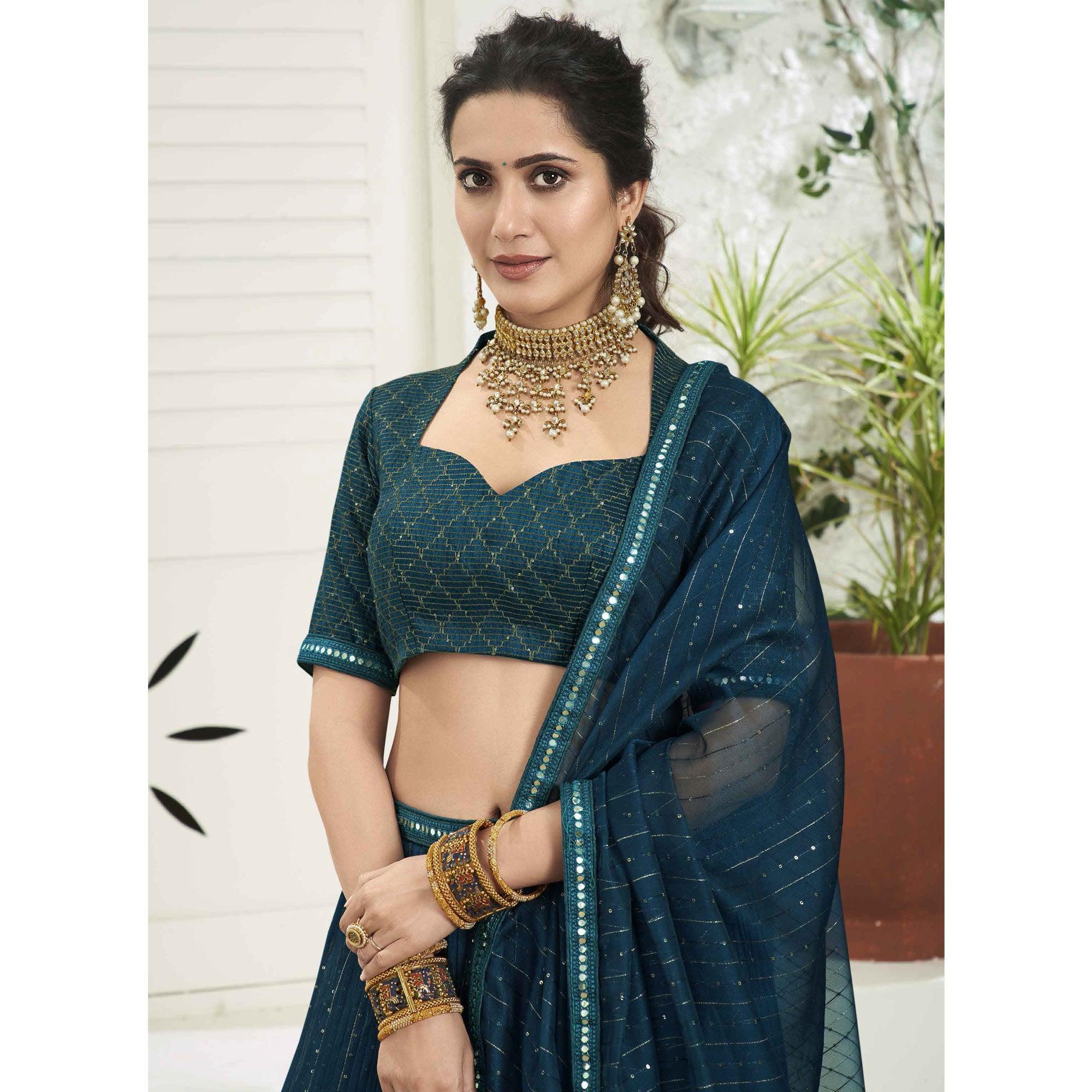 Teal Blue Partywear Zari Sequence Embroidered Organza Lehenga Choli - Peachmode