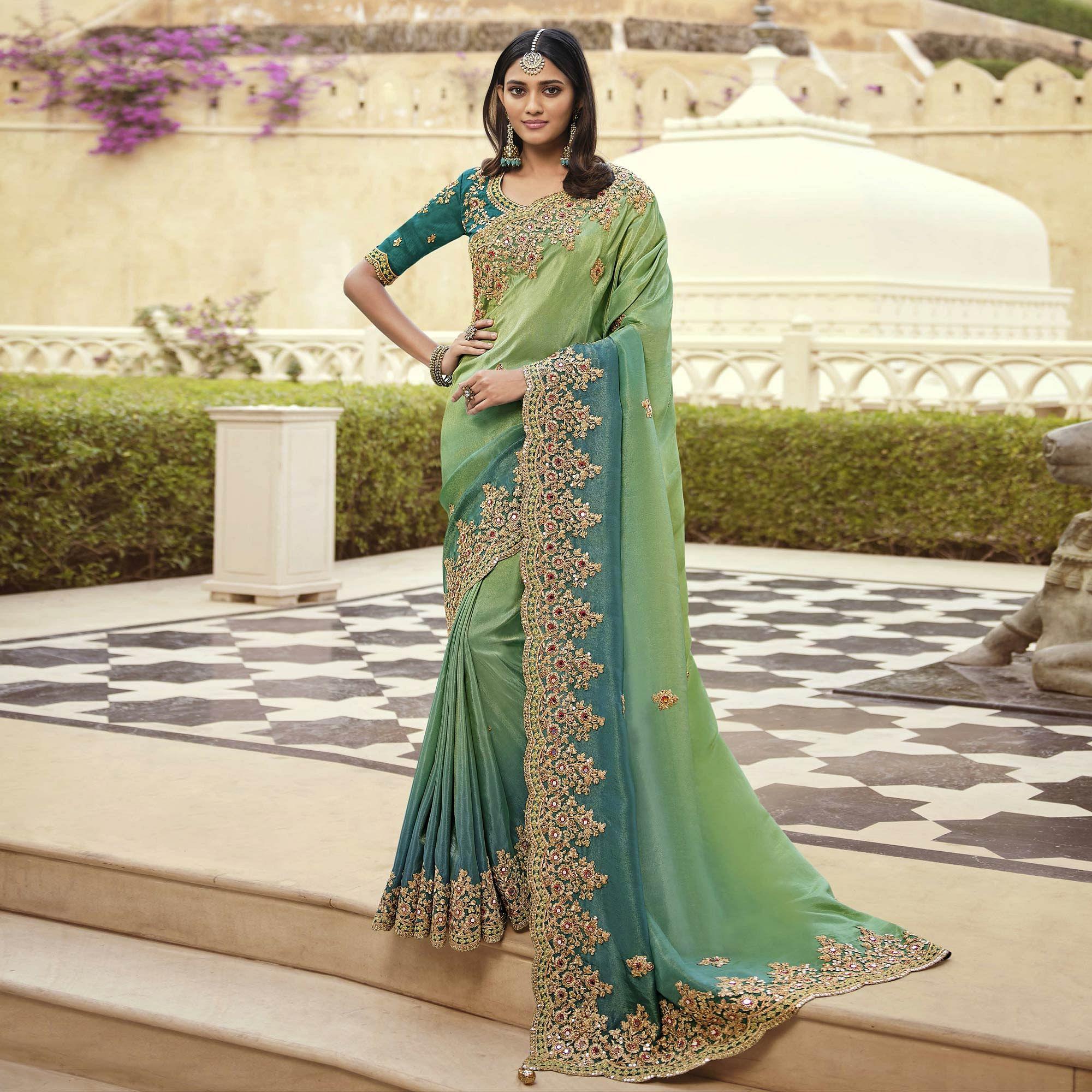 Teal Blue - Pista Green Party Wear Embroidered Satin Saree - Peachmode