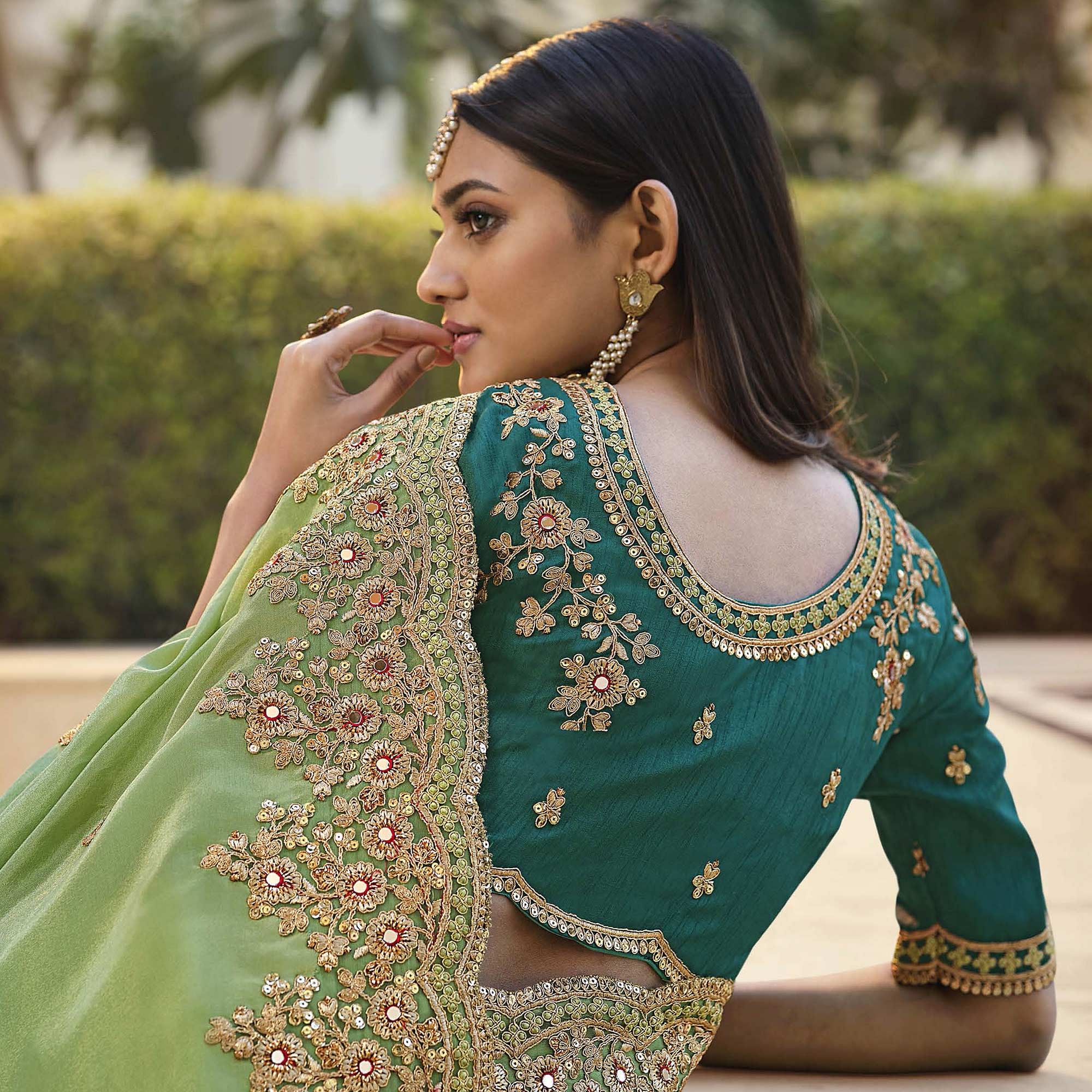 Teal Blue - Pista Green Party Wear Embroidered Satin Saree - Peachmode
