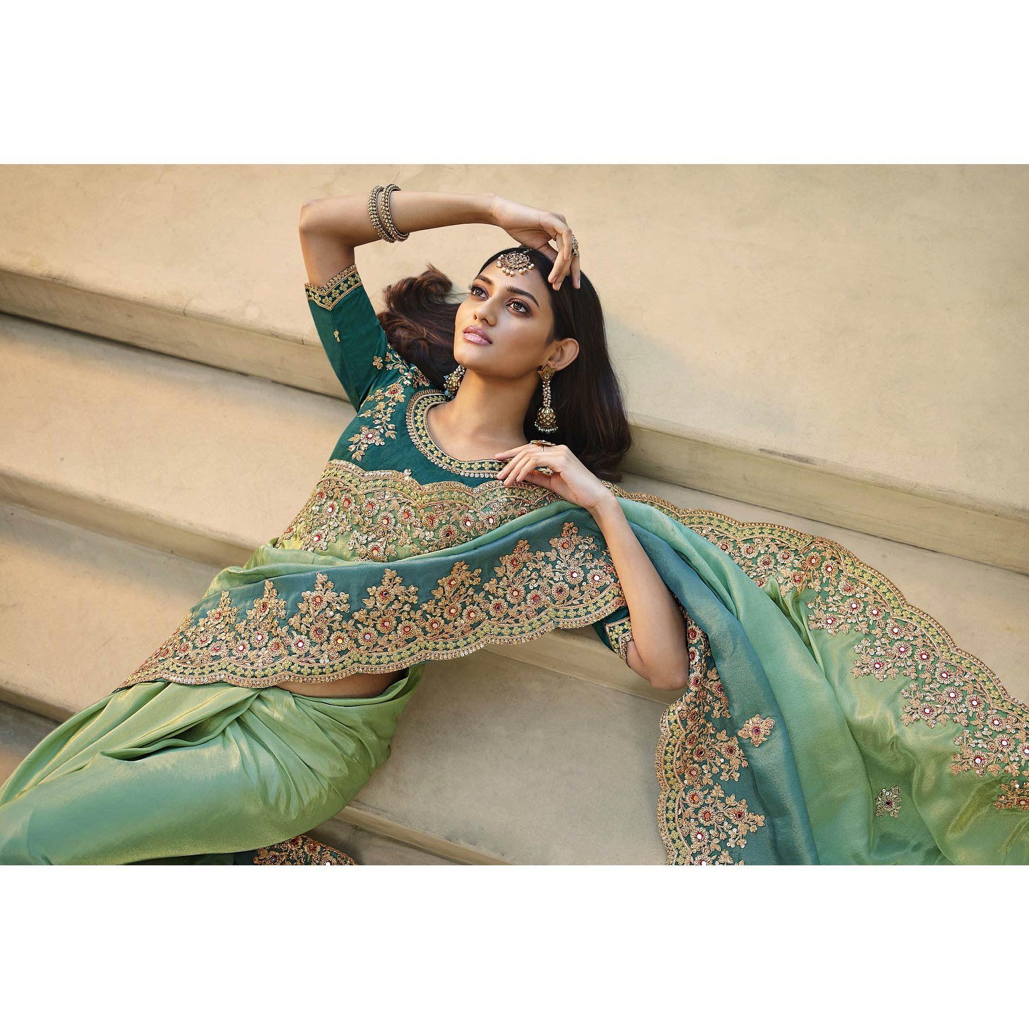 Teal Blue - Pista Green Party Wear Embroidered Satin Saree - Peachmode