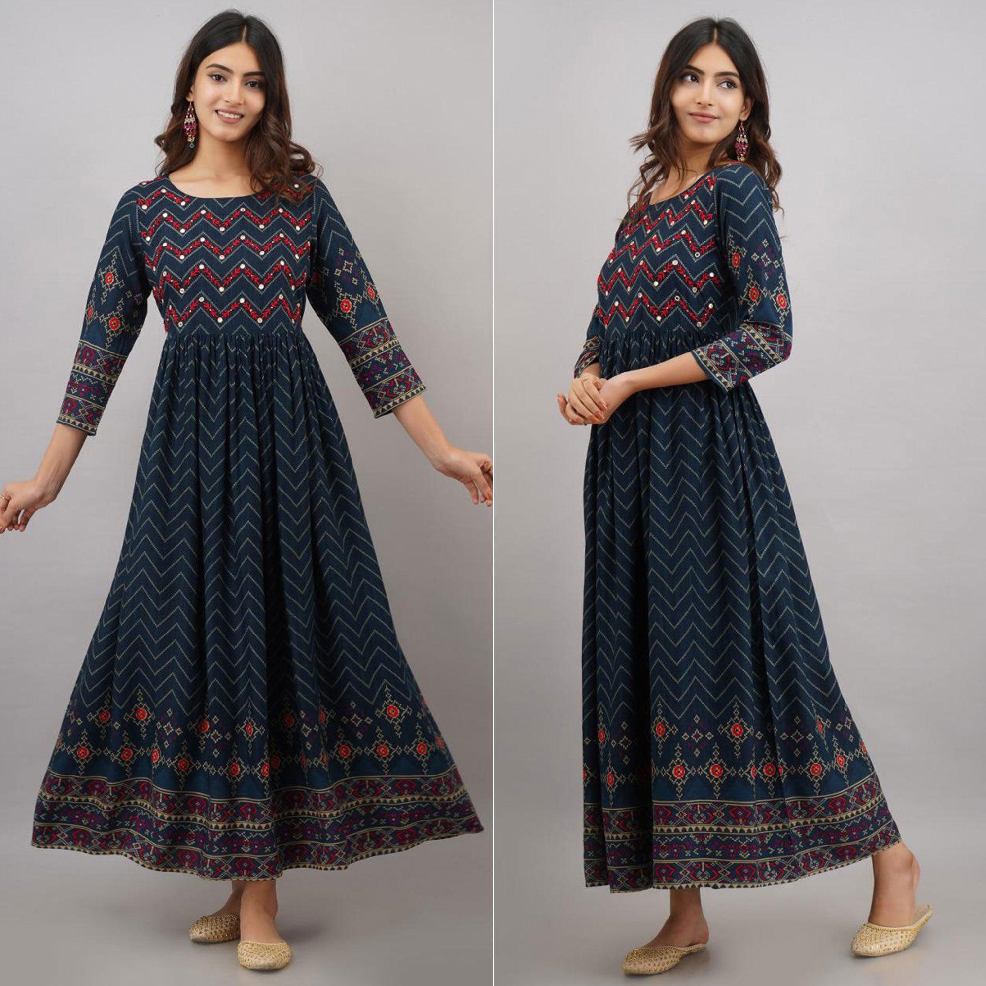 Teal Blue Printed-Embroidered Rayon Long Kurti - Peachmode