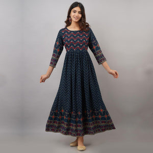 Teal Blue Printed-Embroidered Rayon Long Kurti - Peachmode