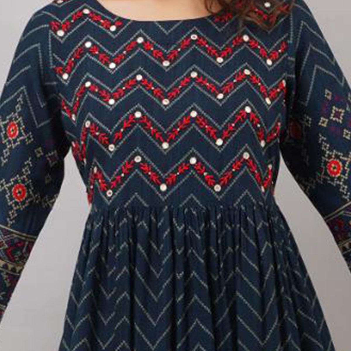 Teal Blue Printed-Embroidered Rayon Long Kurti - Peachmode