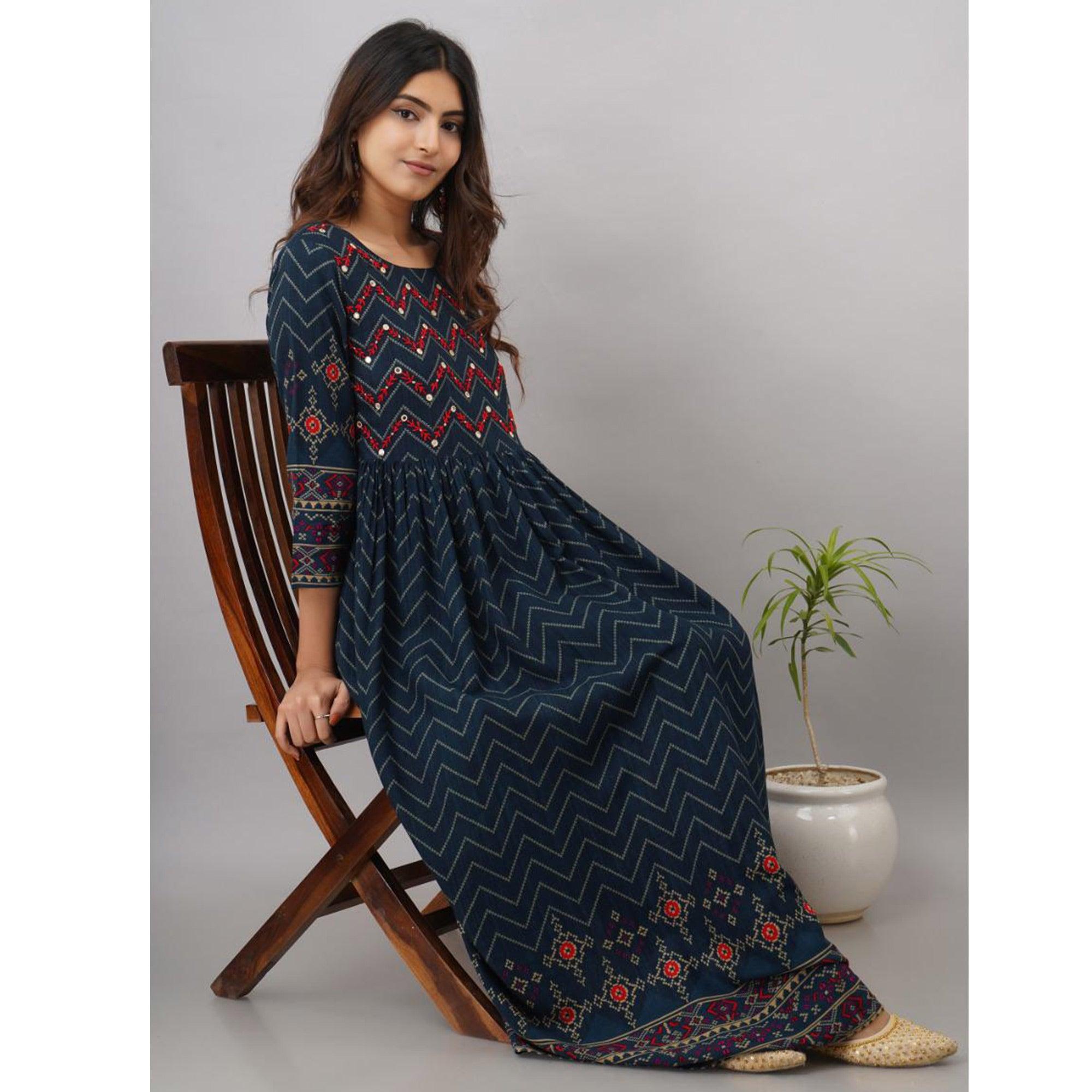 Teal Blue Printed-Embroidered Rayon Long Kurti - Peachmode