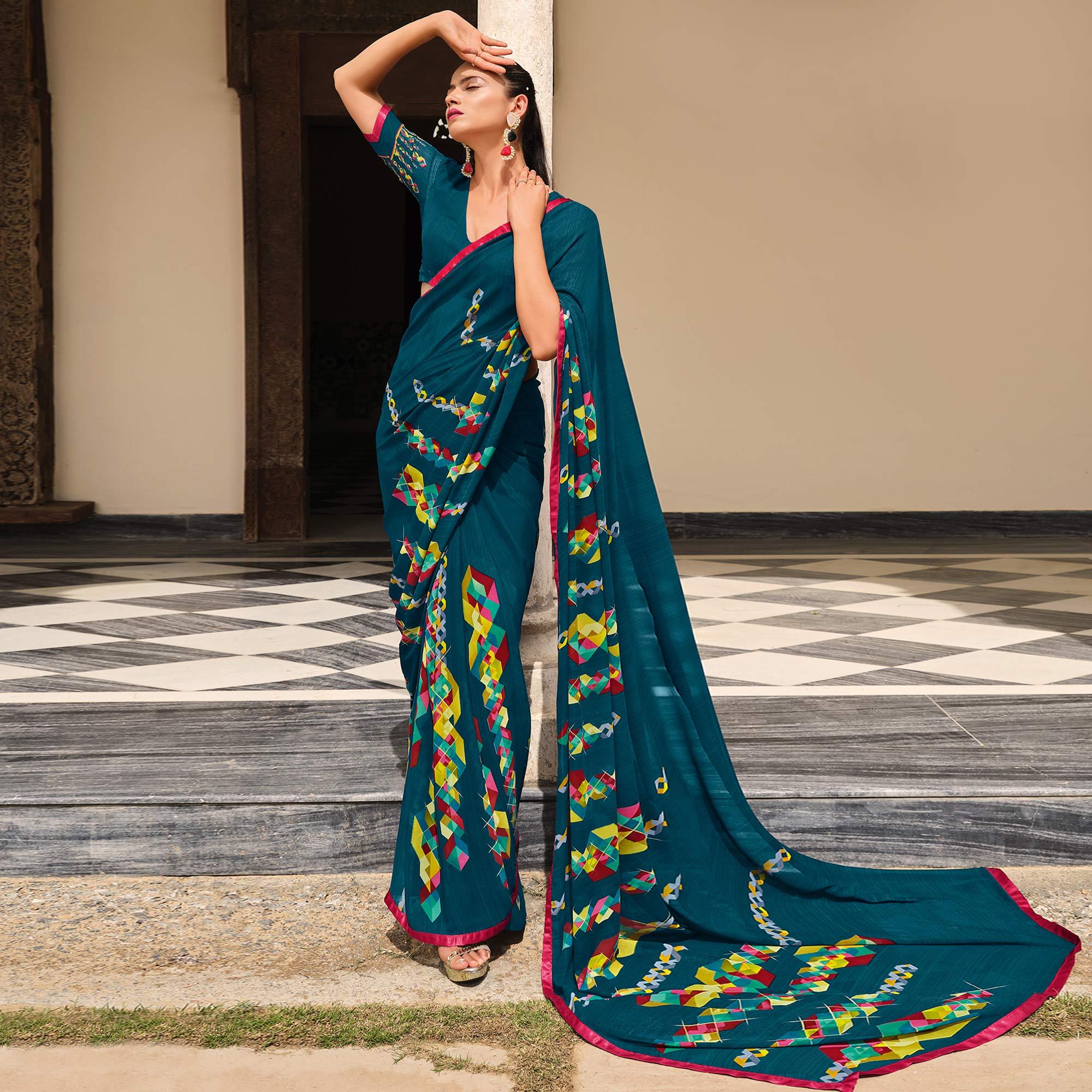 Teal Blue Printed Georgette Saree - Peachmode