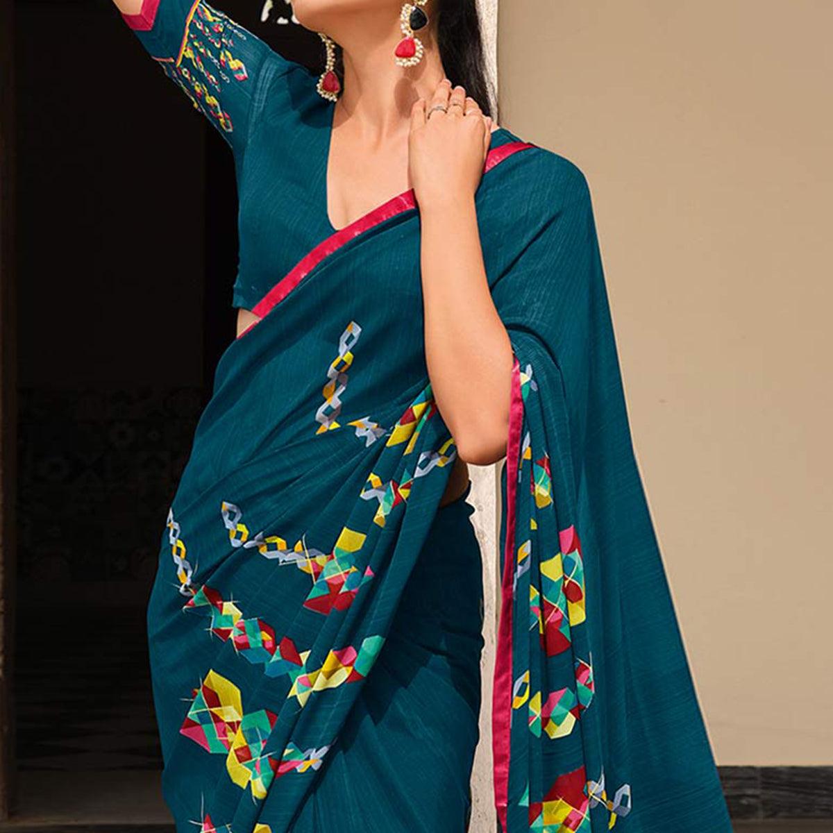 Teal Blue Printed Georgette Saree - Peachmode