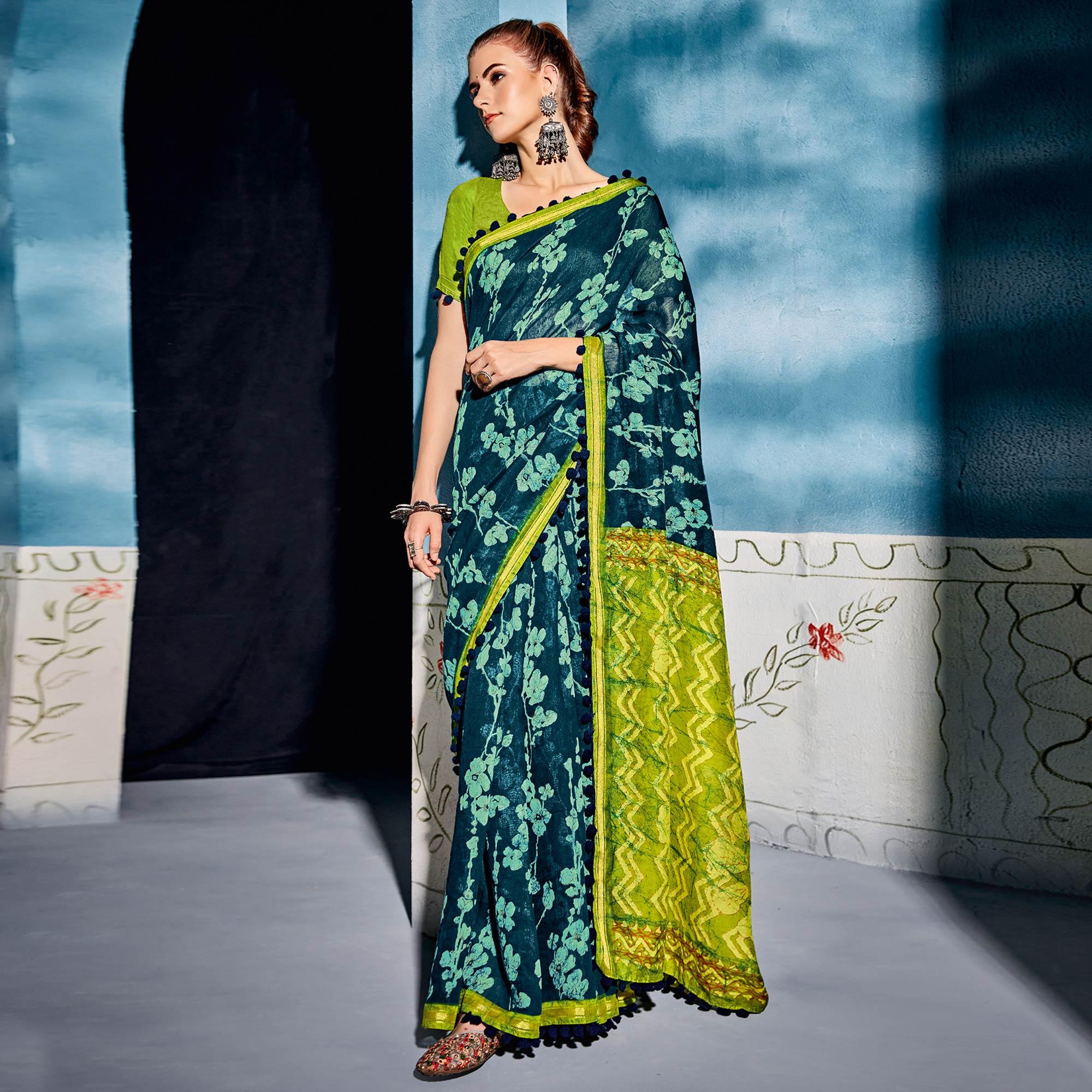 Teal Blue Printed Poly Cotton Saree With Pumpum Lace - Peachmode