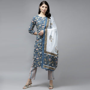 Teal Blue Printed Pure Cotton Kurti Pant Set With Dupatta - Peachmode