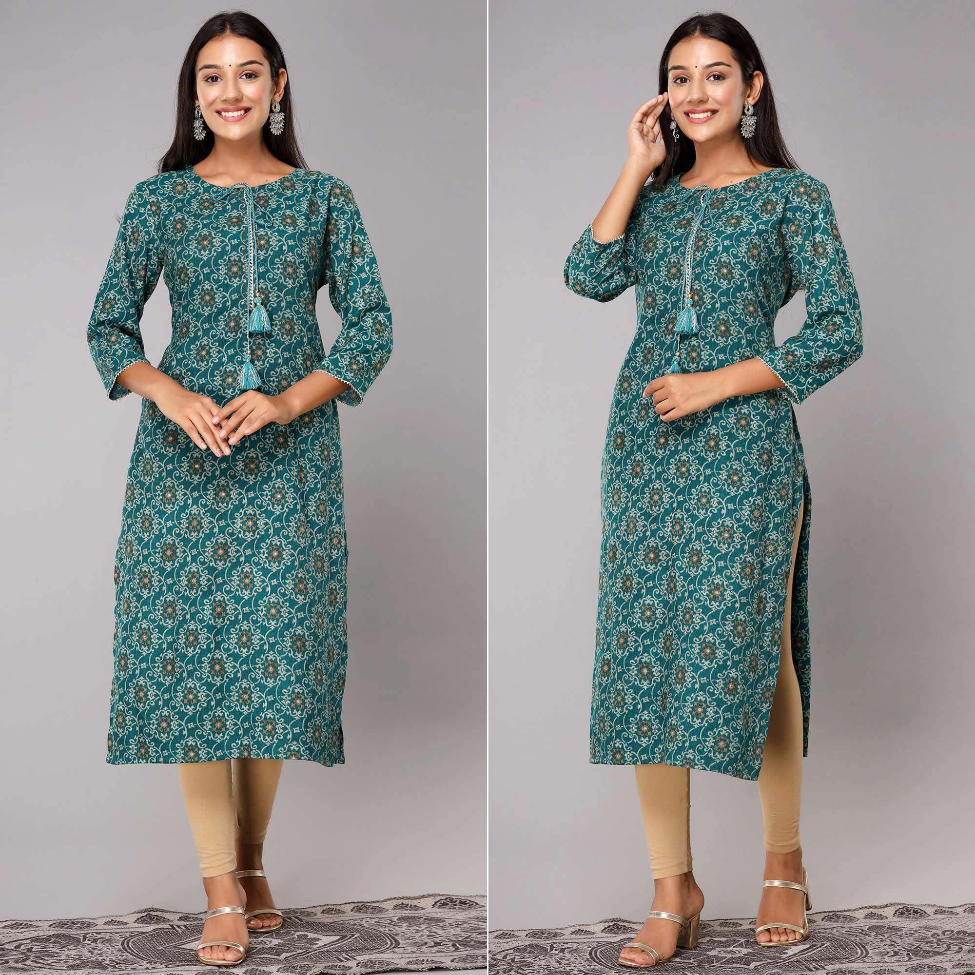 Teal Blue Printed With Gota Patti Work Poly Cotton Kurti - Peachmode
