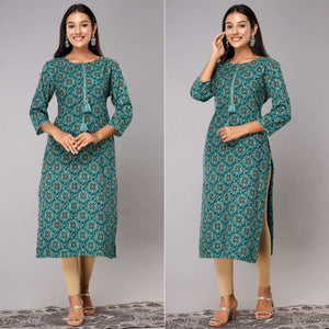 Teal Blue Printed With Gota Patti Work Poly Cotton Kurti - Peachmode