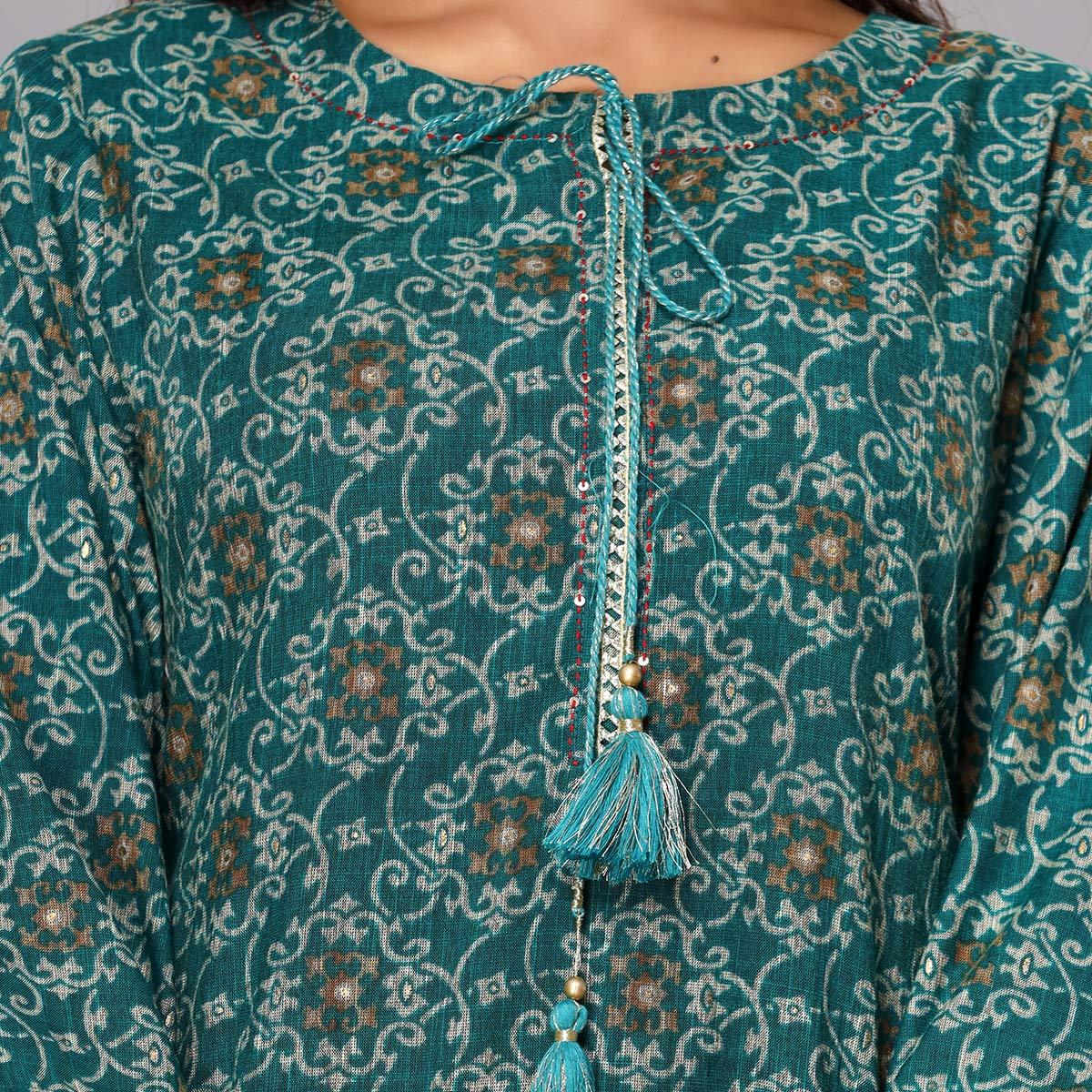Teal Blue Printed With Gota Patti Work Poly Cotton Kurti - Peachmode
