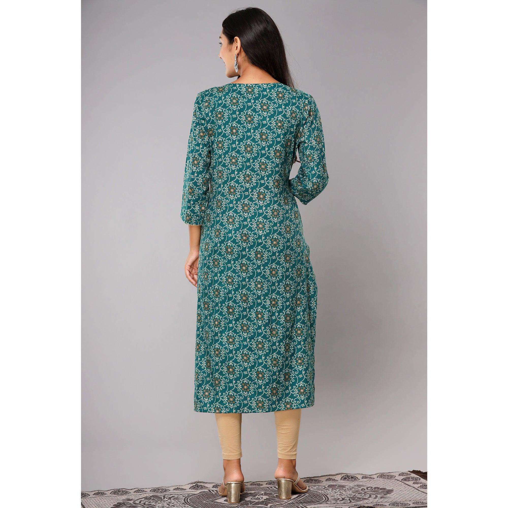 Teal Blue Printed With Gota Patti Work Poly Cotton Kurti - Peachmode