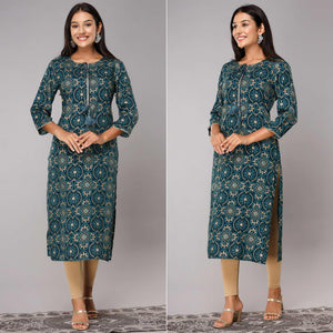 Teal Blue Printed With Gota Patti Work Pure Cotton Kurti - Peachmode