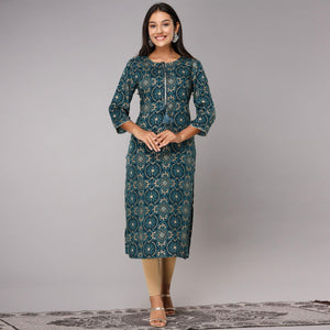 Teal Blue Printed With Gota Patti Work Pure Cotton Kurti - Peachmode