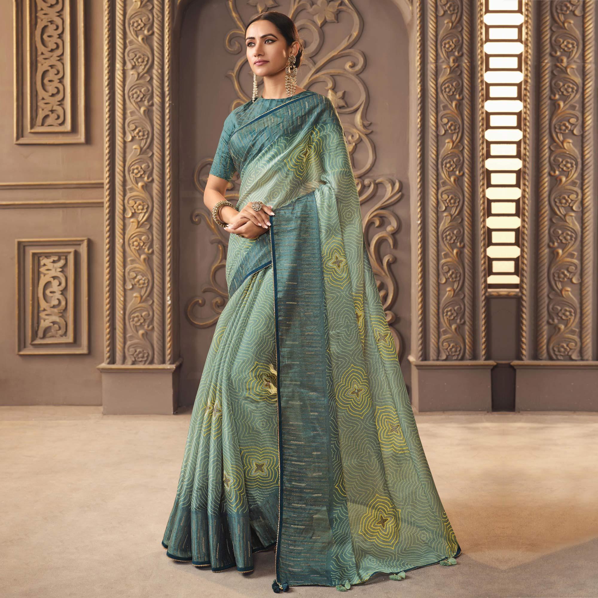 Teal Blue Printed With Sequence Work Organza Saree - Peachmode