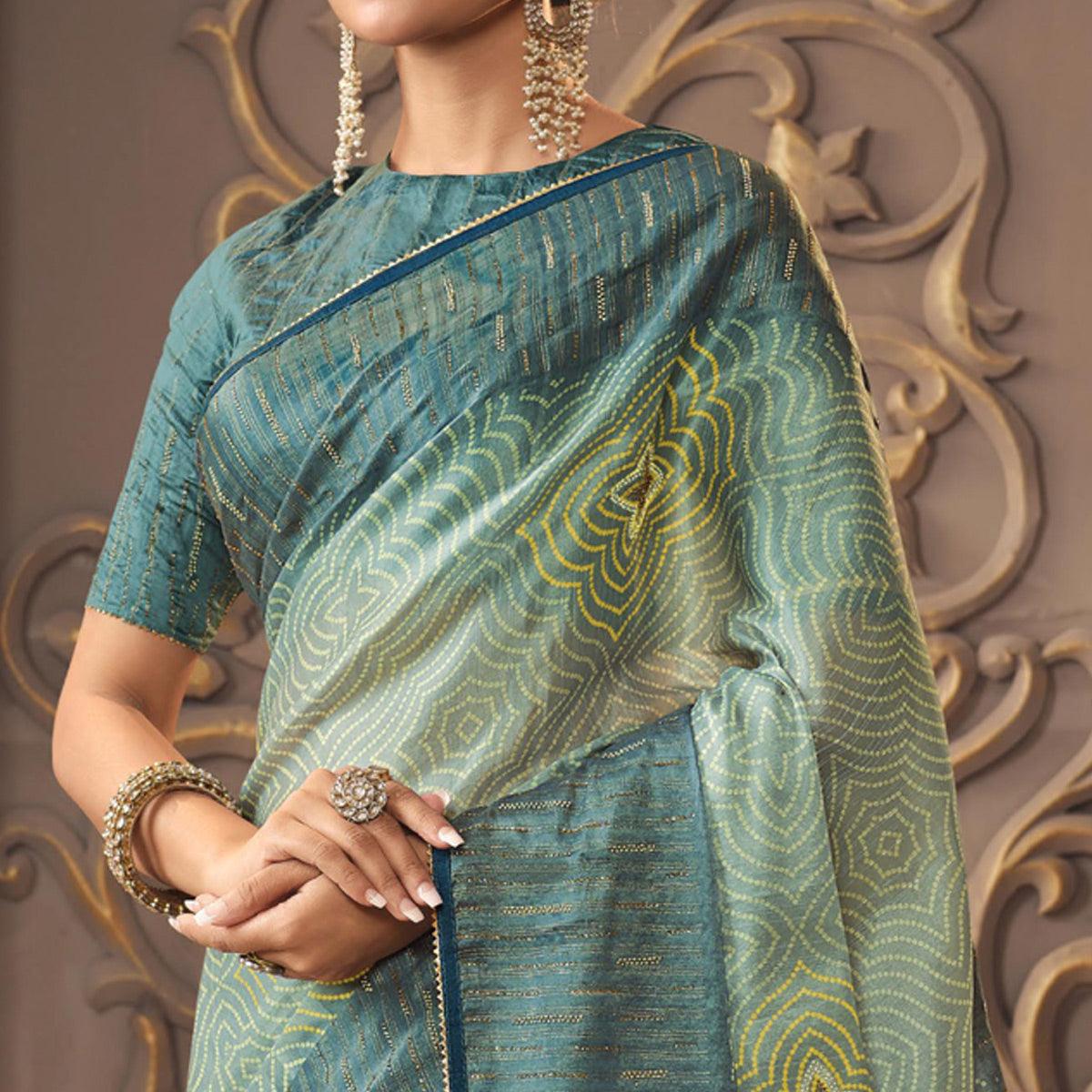 Teal Blue Printed With Sequence Work Organza Saree - Peachmode