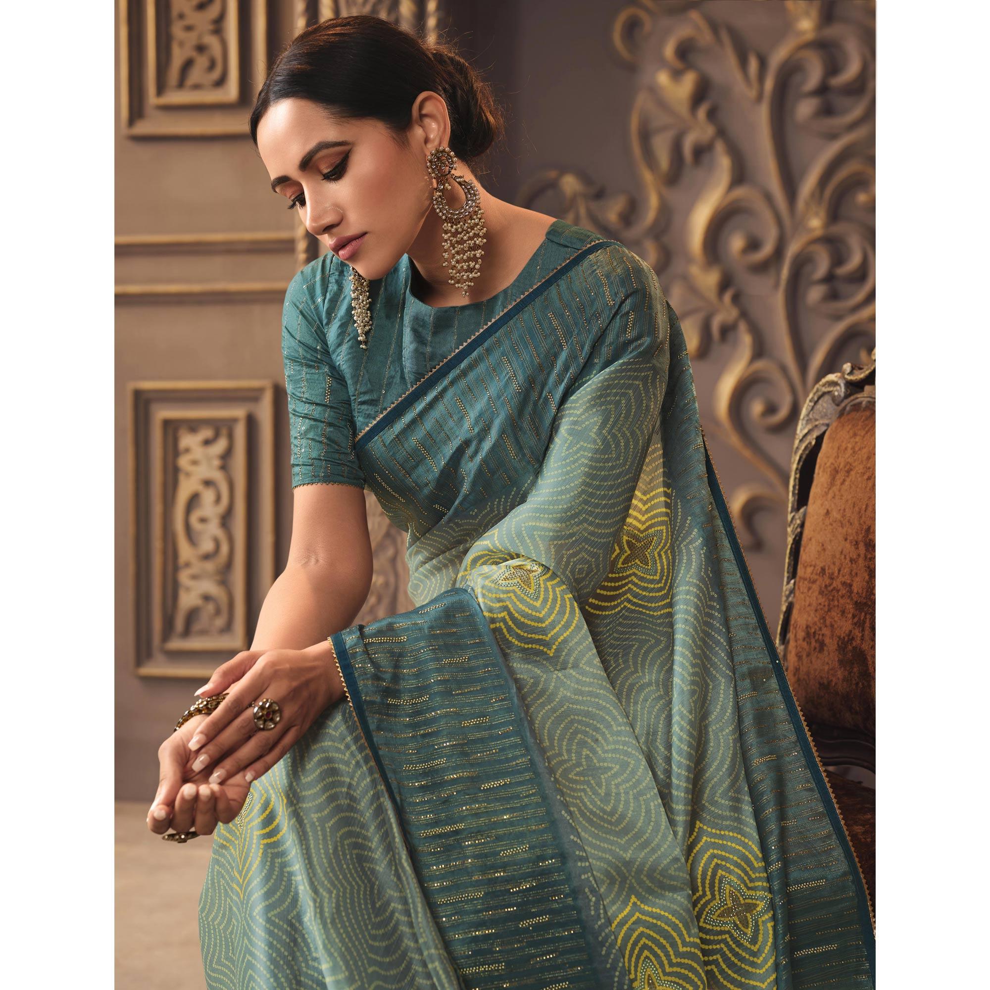Teal Blue Printed With Sequence Work Organza Saree - Peachmode
