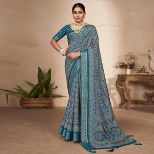 Teal Blue Printed-Woven Dola Silk Saree With Tassels - Peachmode