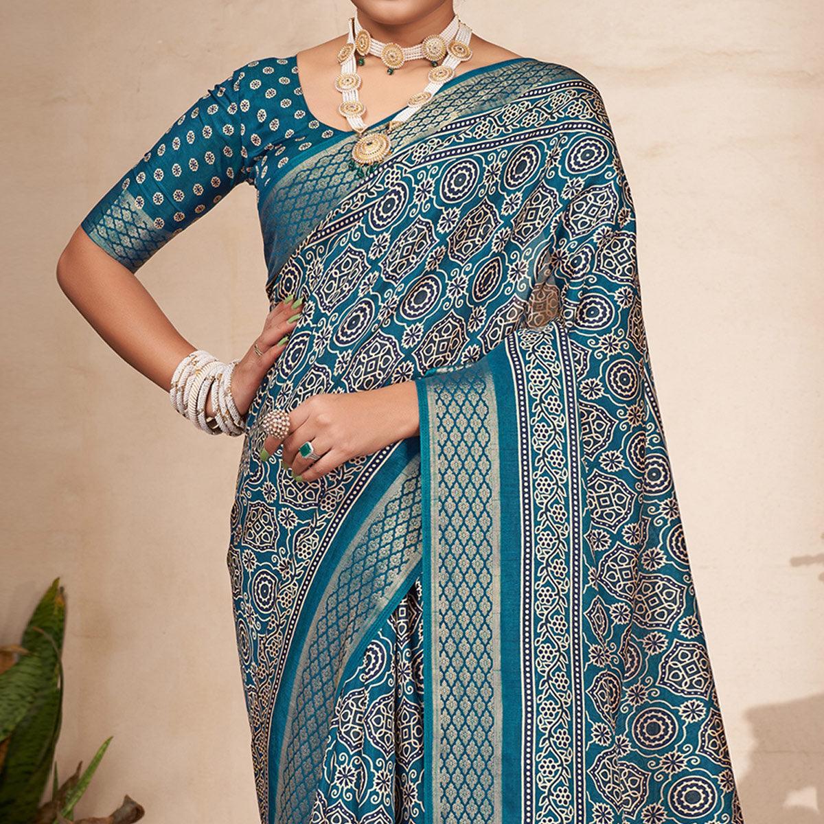 Teal Blue Printed-Woven Dola Silk Saree With Tassels - Peachmode