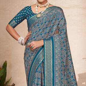 Teal Blue Printed-Woven Dola Silk Saree With Tassels - Peachmode