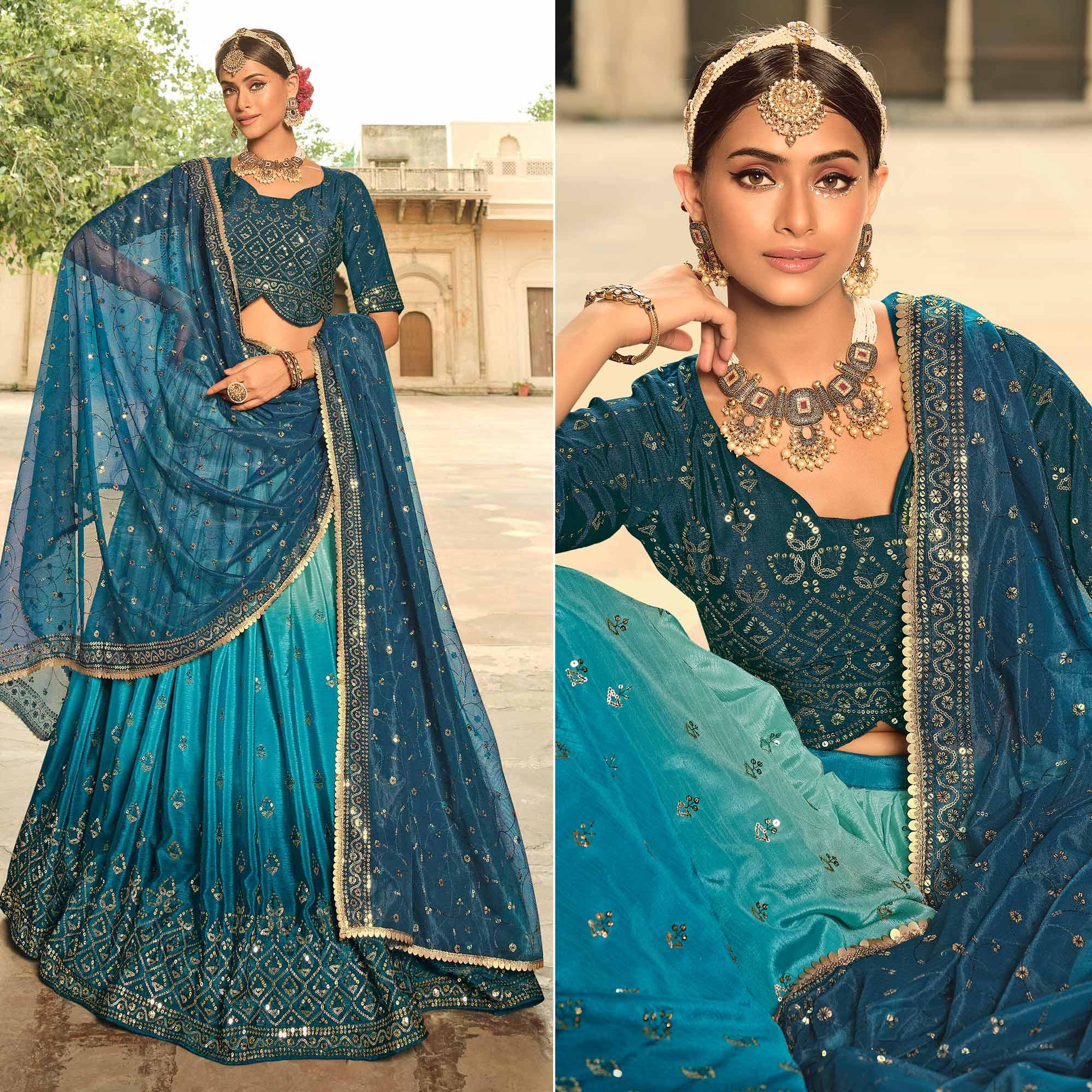 Teal Blue Sequence Embroidered Art Silk Lehenga Choli - Peachmode