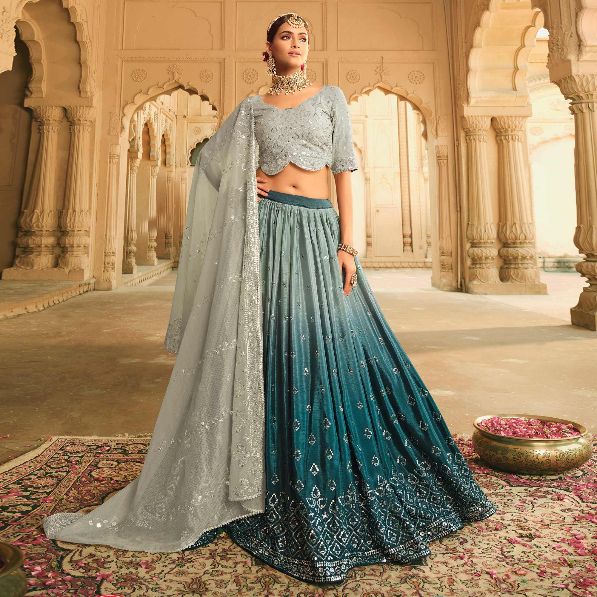 Teal Blue Sequence Embroidered Art Silk Lehenga Choli - Peachmode
