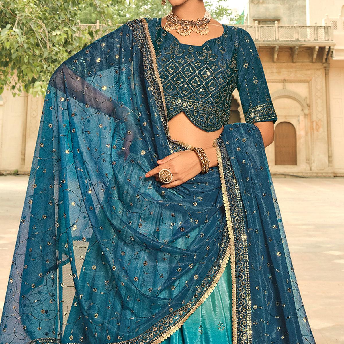 Teal Blue Sequence Embroidered Art Silk Lehenga Choli - Peachmode