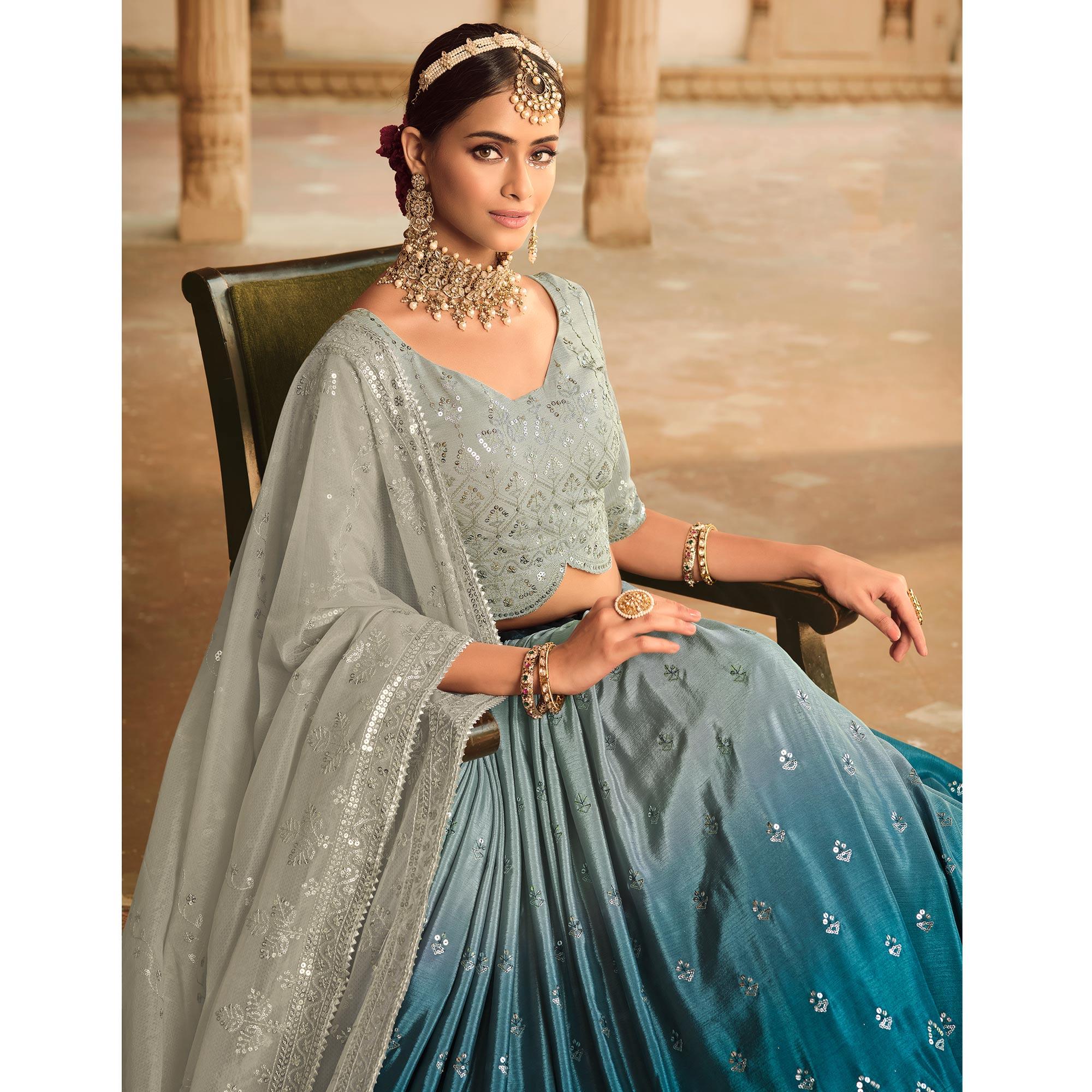 Teal Blue Sequence Embroidered Art Silk Lehenga Choli - Peachmode