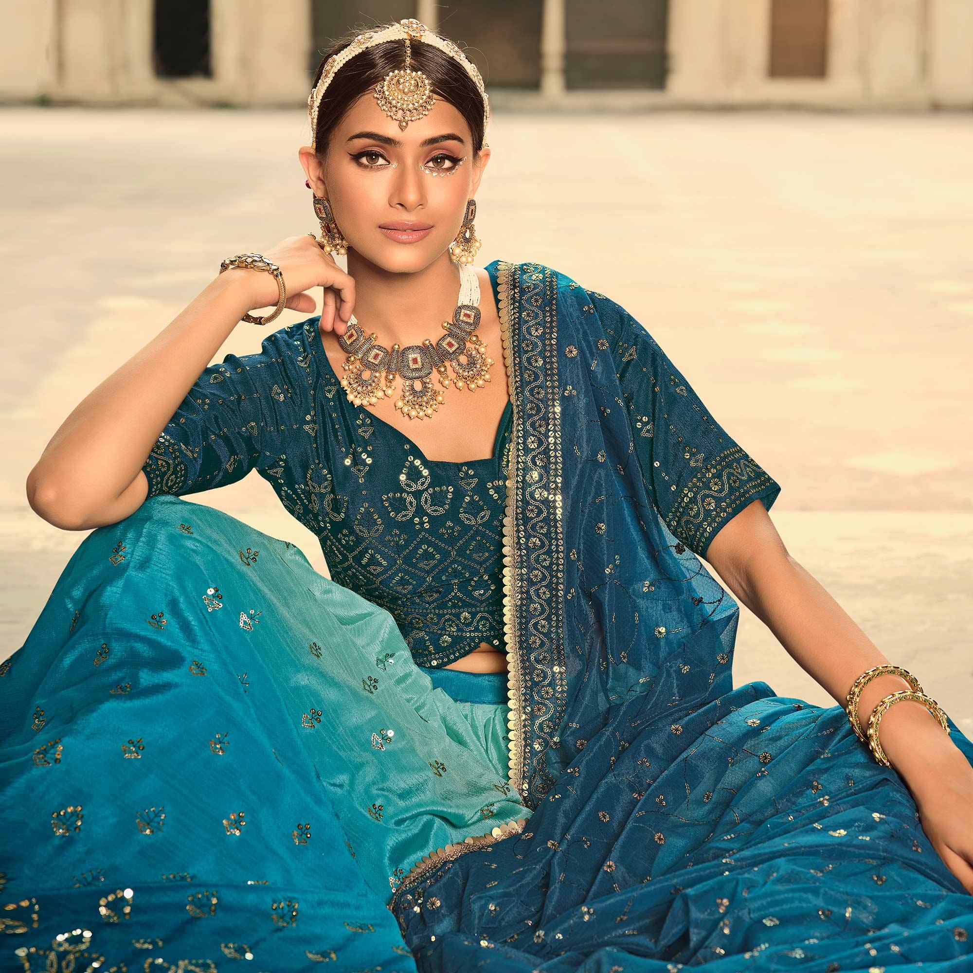 Teal Blue Sequence Embroidered Art Silk Lehenga Choli - Peachmode