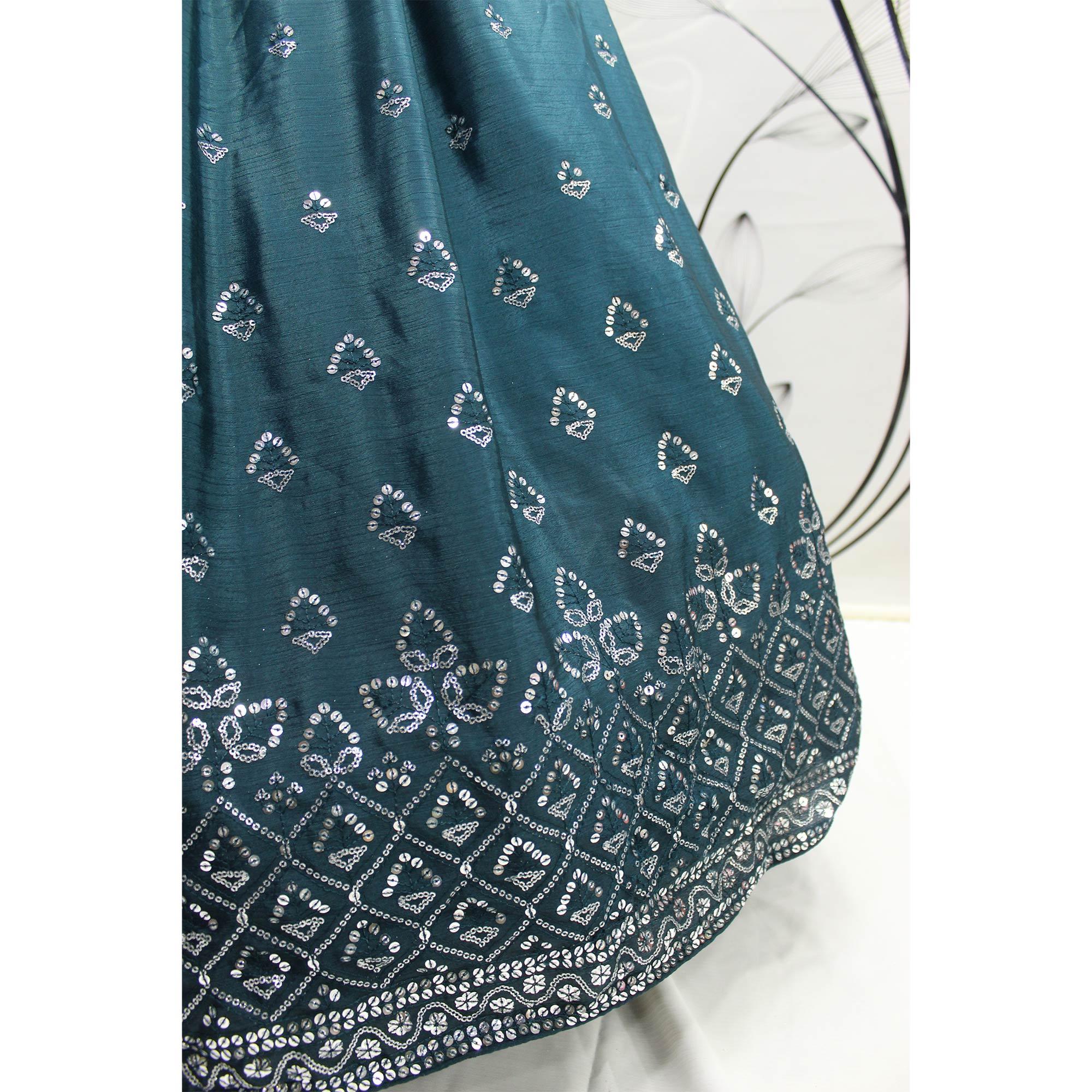 Teal Blue Sequence Embroidered Art Silk Lehenga Choli - Peachmode