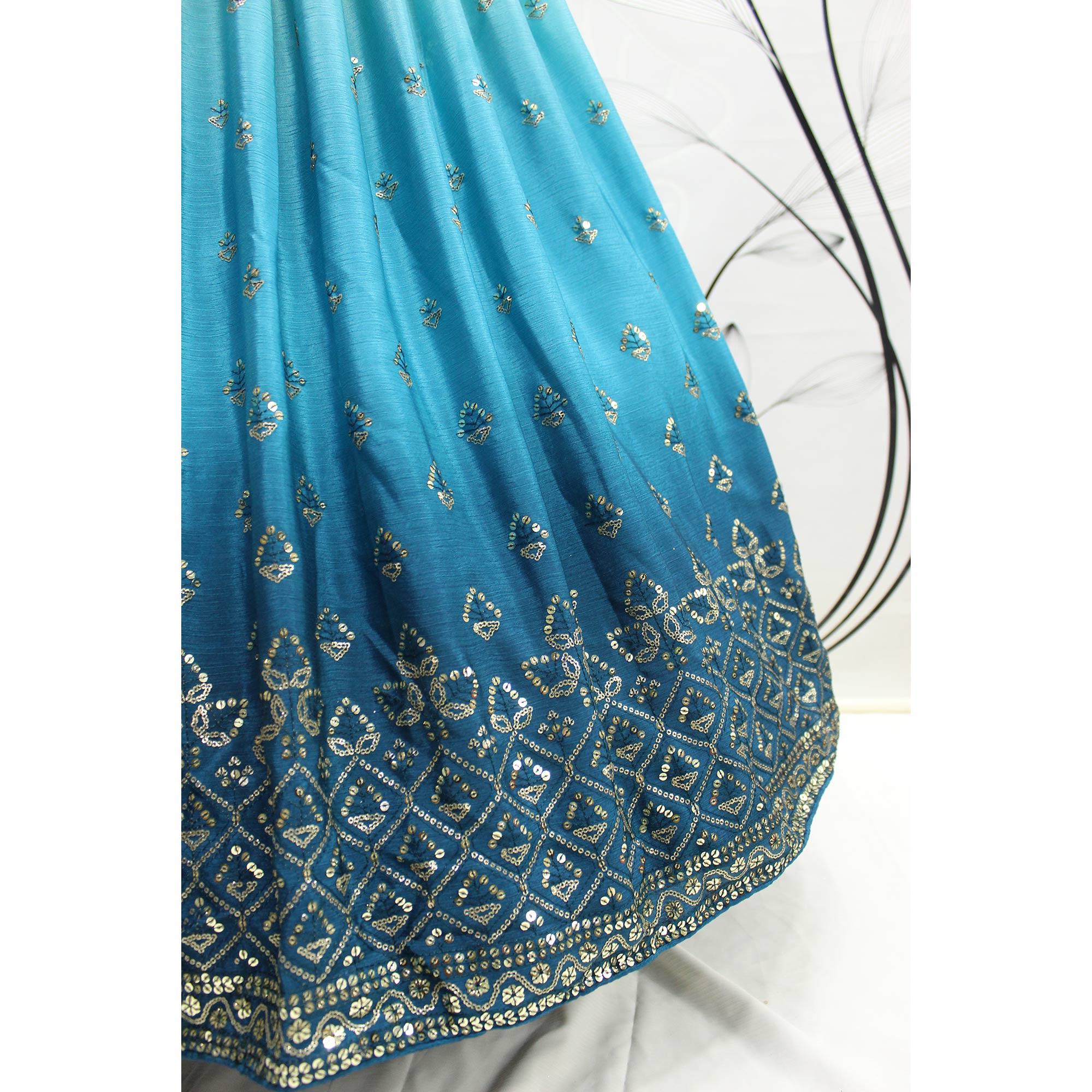 Teal Blue Sequence Embroidered Art Silk Lehenga Choli - Peachmode