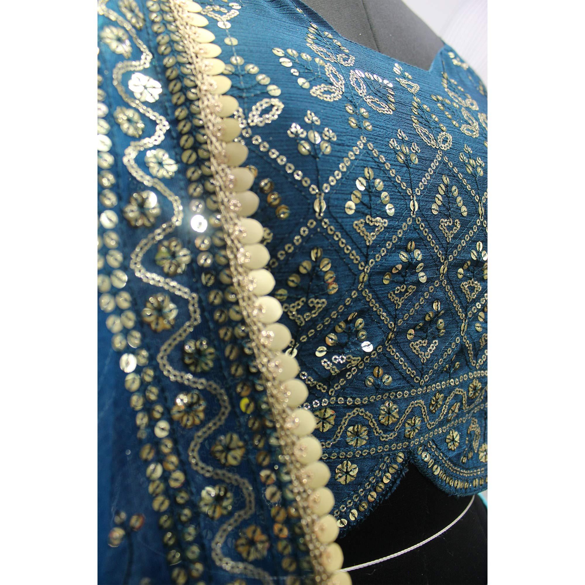 Teal Blue Sequence Embroidered Art Silk Lehenga Choli - Peachmode